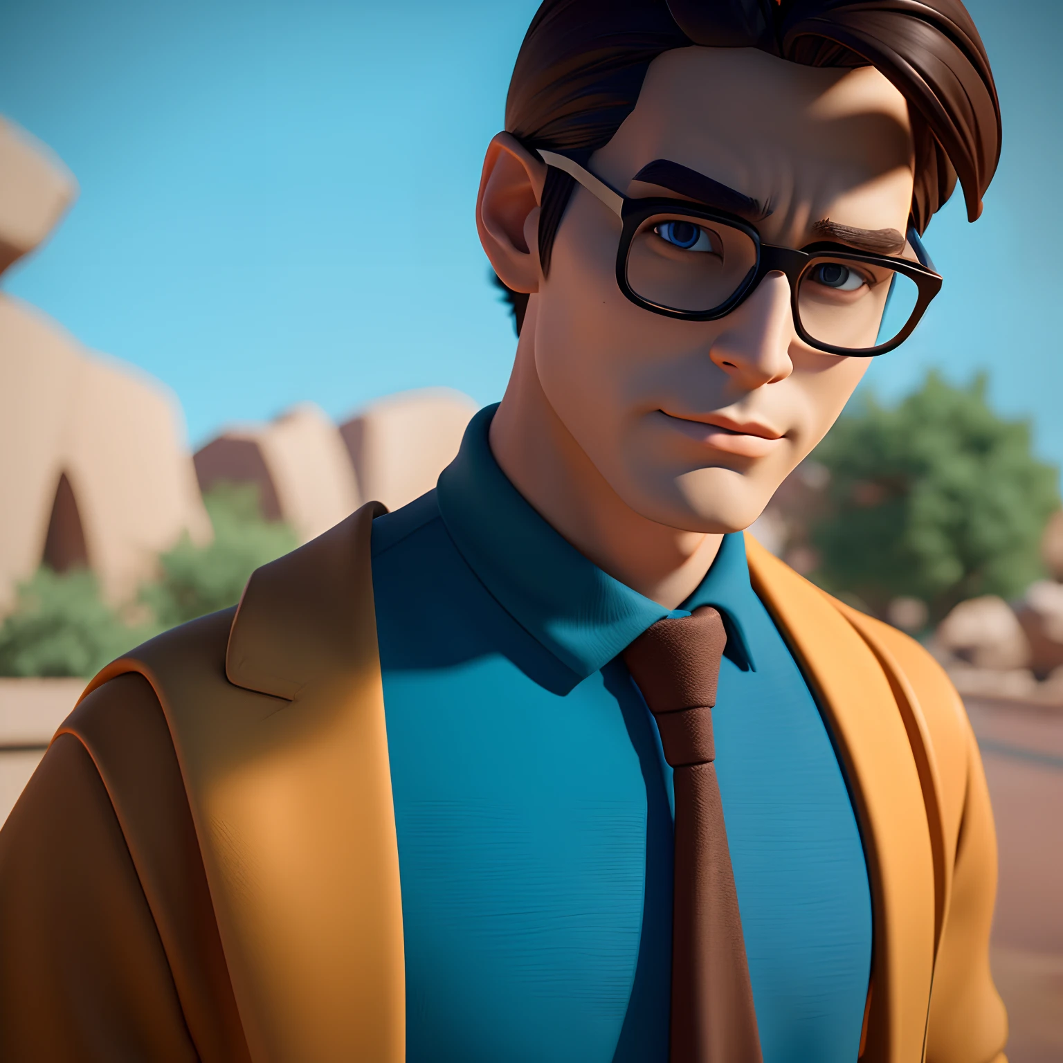 Male cartoon character wearing black glasses and blue shirt, an animated character, stylized character, animation style render, stylized 3 d, Arnold Maya Lender, 3d rendering stylized, toon render keyshot, 3dcharacter, 3D Characters, 3d rendering stylized, 3 d character render, comic book character, close up character, character posing, (Pixar style) (masutepiece:1.2) (Bokeh) (Best Quality) (Detailed skin) (Detailed texture) (8K) (clay) (Cinematic lighting) (Sharp Focus，Sit down and leak your upper body