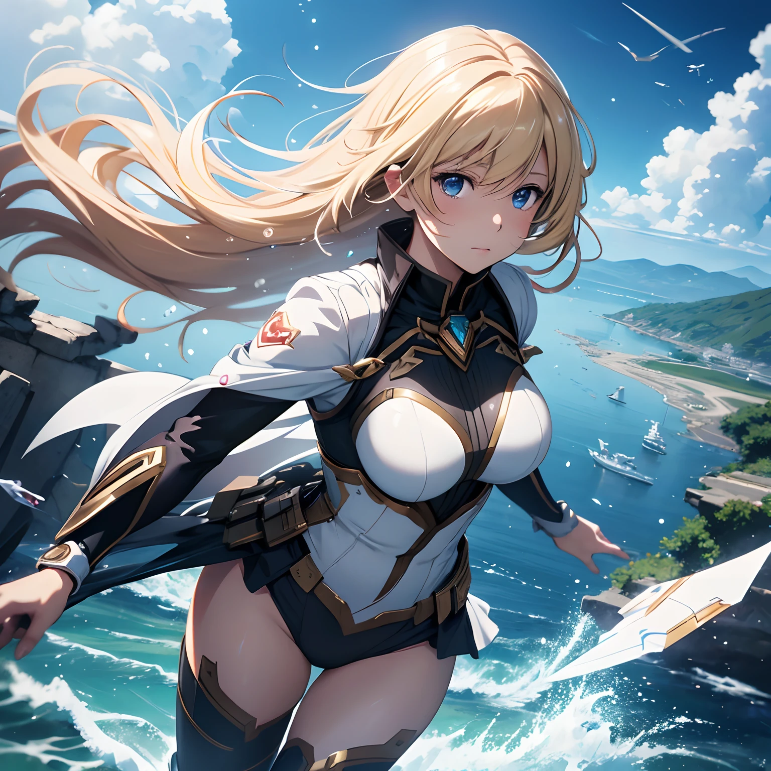 finest image, (8k, RAW photo, realistic), detailed and delicate depiction and flashy and dynamic painting method, Anime Tanya Senki Tanya Degurechaff-like character girl gliding, background ruins, white haze, water drops, professional lighting