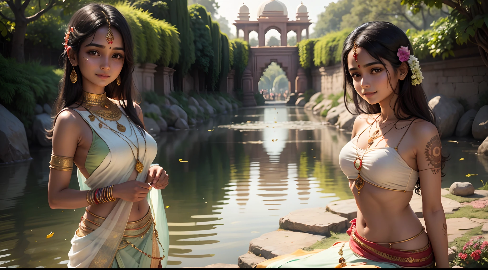 Young Indian girl, delicate and beautiful girl, gentle smile, Dynamic posture, dinamic angle, Women's jewelry, Ornaments, Tatoo, sari, Indian Garden, Sunny day, water, Flowers, hyper realisitc, hyper-detailing, 8K
