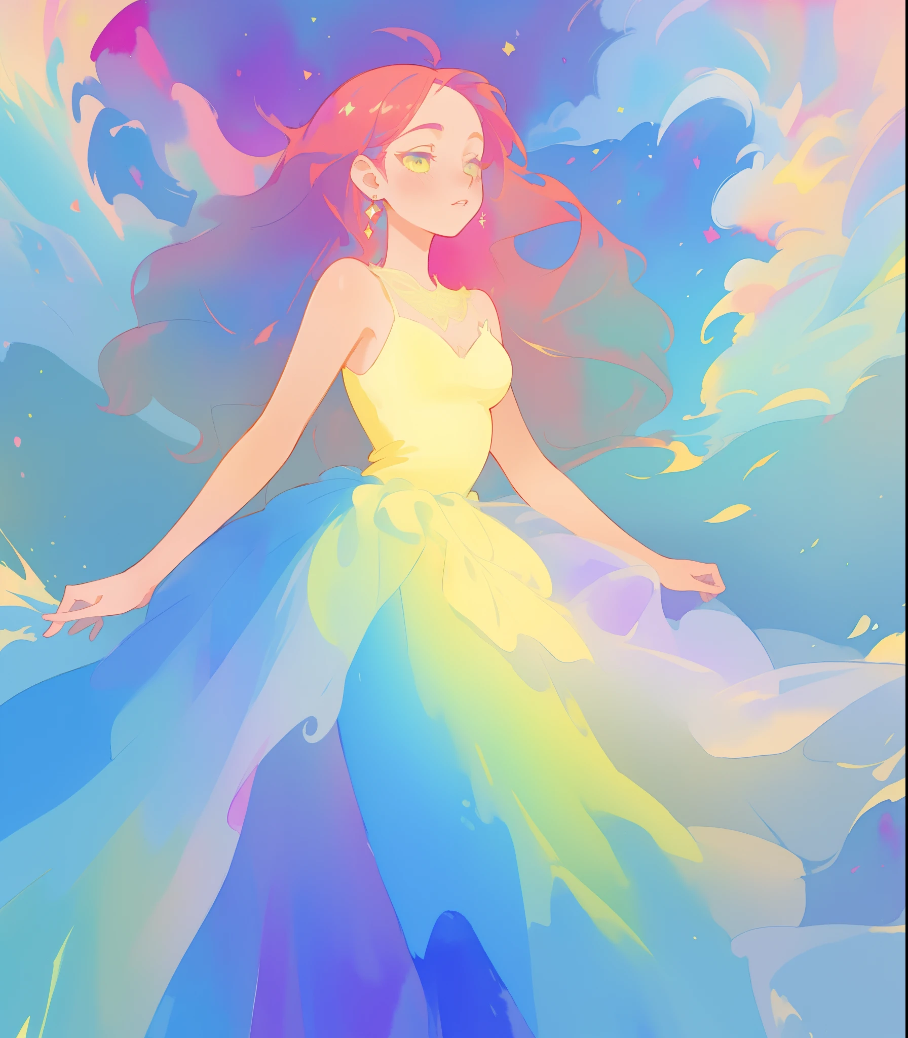 beautiful girl in flowing colorful gradient ballgown, puffy multi-layered ballgown, long flowing colorful hair, vibrant pastel colors, colorful, watercolor illustration, masterpiece, best quality, sharp focus, intricate detail, highly detailed, 8k resolution, beautiful face, golden ratio, perfection, fantasia background, otherworldly, whimsical, magical
