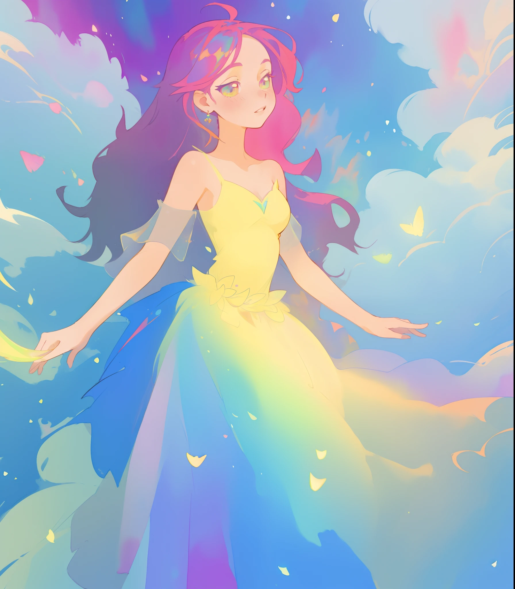 beautiful girl in flowing colorful gradient ballgown, puffy multi-layered ballgown, long flowing colorful hair, vibrant pastel colors, colorful, watercolor illustration, masterpiece, best quality, sharp focus, intricate detail, highly detailed, 8k resolution, beautiful face, golden ratio, perfection, fantasia background, otherworldly, whimsical, magical