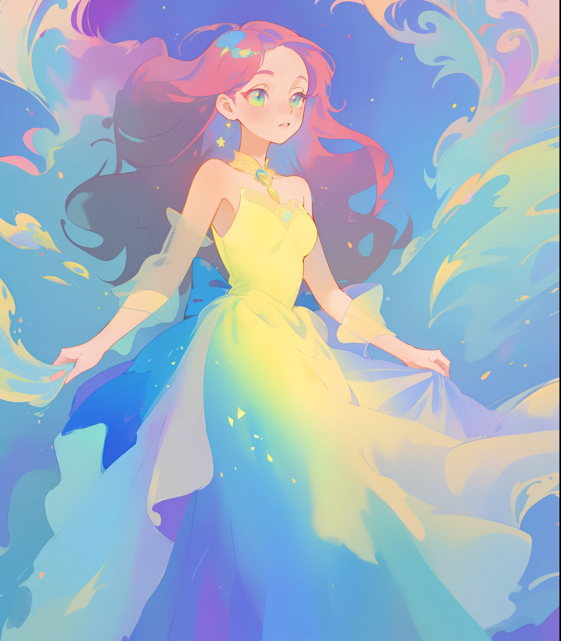 beautiful girl in flowing colorful gradient ballgown, puffy multi-layered ballgown, long flowing colorful hair, vibrant pastel colors, colorful, watercolor illustration, masterpiece, best quality, sharp focus, intricate detail, highly detailed, 8k resolution, beautiful face, golden ratio, perfection, fantasia background, otherworldly, whimsical, magical