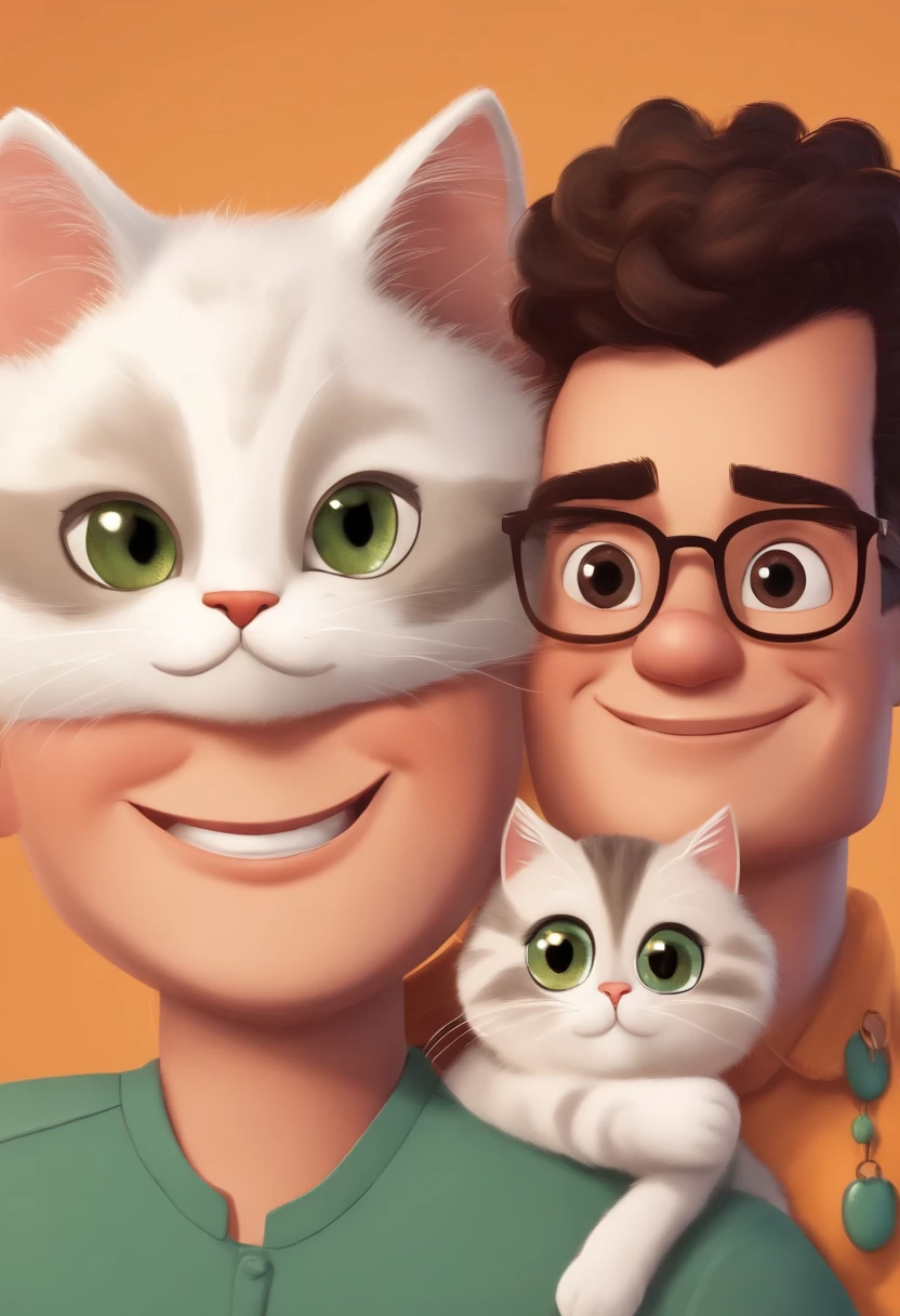 Pixar. Two Young Men Who Are A Gay Couple With Two Cats. First boy is white has black hair, olhos castanhos com 30 anos rosto comprido, cabelo curto bonito. O outro rapaz jovem de cabelos loiro escuro com 30 anos, bonito, olhos verdes, pianista and love his husband. They're both smiling, com um gato laranja, e uma gata totalmente preta, all together and happy in family.