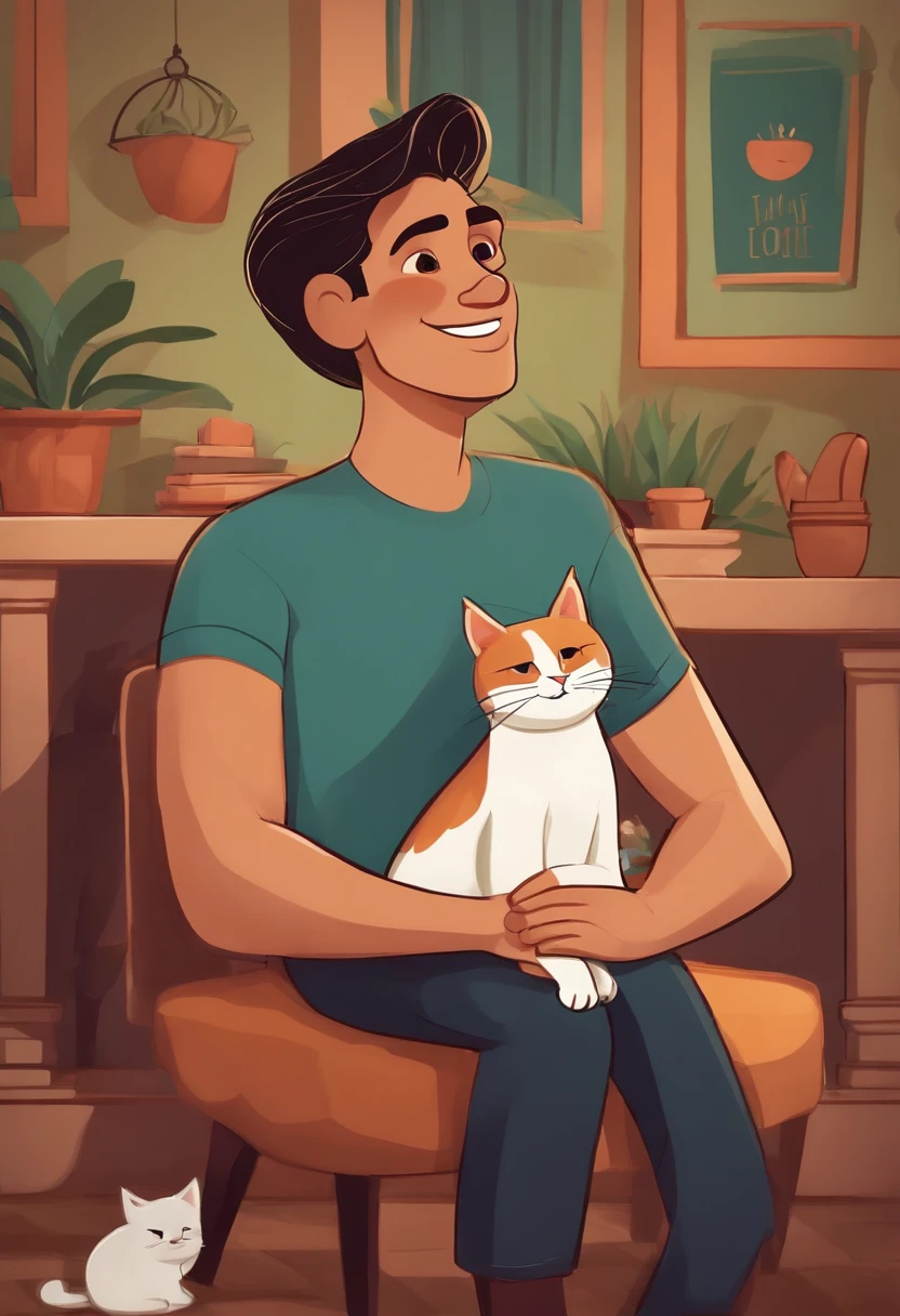 Pixar. Two Young Men Who Are A Gay Couple With Two Cats. First boy is white has black hair, olhos castanhos com 30 anos rosto comprido, cabelo curto bonito. O outro rapaz jovem de cabelos loiro escuro com 30 anos, bonito, olhos verdes, pianista and love his husband. They're both smiling, com um gato laranja, e uma gata totalmente preta, all together and happy in family.