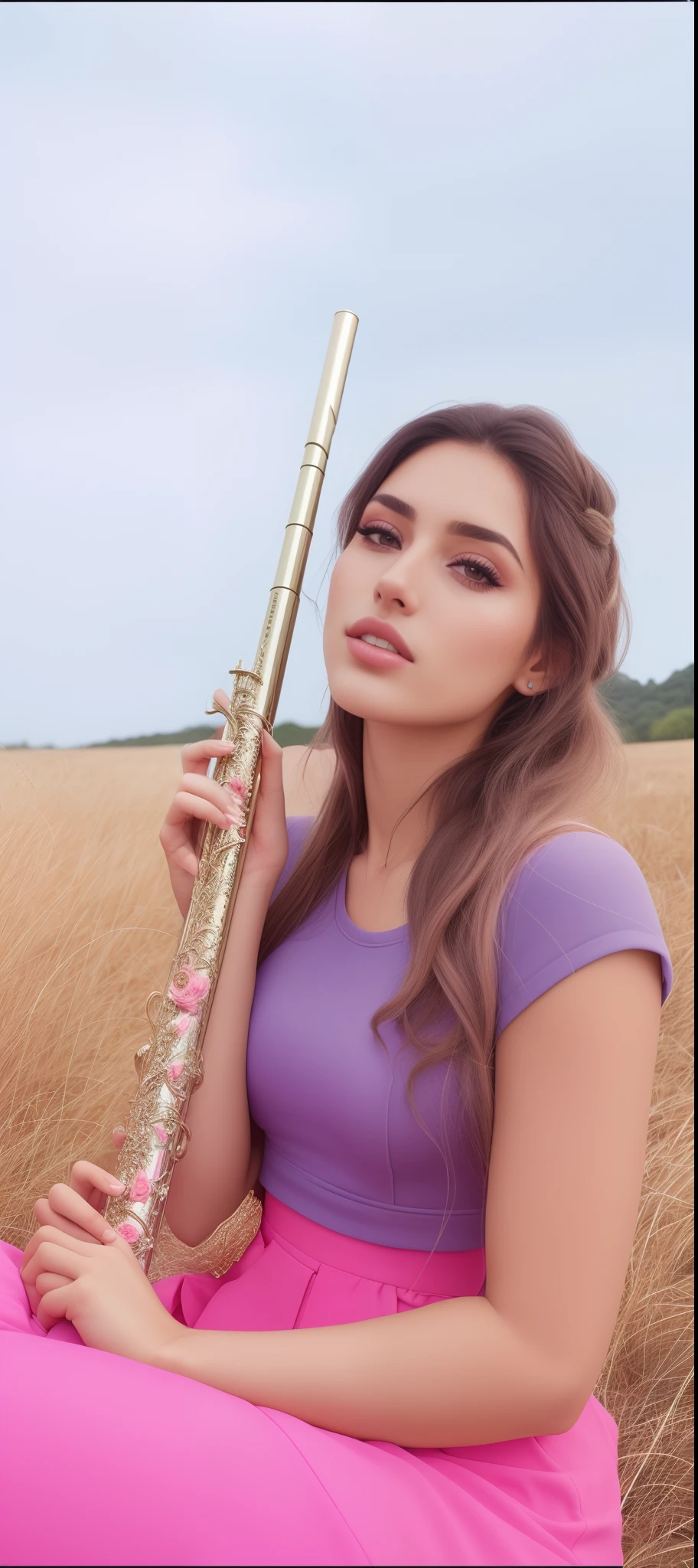 Mulher em uma saia rosa segurando uma flauta em um campo, Retrato Sophie Mudd, menina que joga flauta, Valentina Embaralhamento, musician, Christina Kritikou, apenas 3 / 4 retrato, Andorinha Toron, foto de retrato detalhada, Lorena Avarez, fernanda suarez, Alina Ivanchenko, Kailee Mandel, Jovana Rikalo