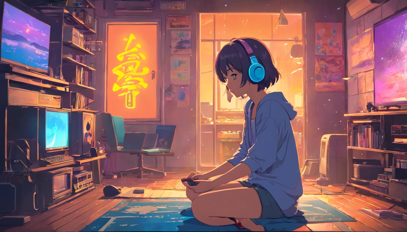 European Hippie Girl meditating in her room, dreaming, Wear headphones, night lights, Neon landscape on a rainy day, Analog Color Theme, Lo-Fi Hip Hop , retrospective, flat, 2.5D ,Draw a line, Ink Drawing, Large slope, Watercolor painting, Goosch Colors, Studio Ghibli Style, Awesome colorful, Outer Ton, krautrock, lofi art,  70s style,Old texture, amplitude,psychedelic vibe, masterpiece, Tremendous technology,