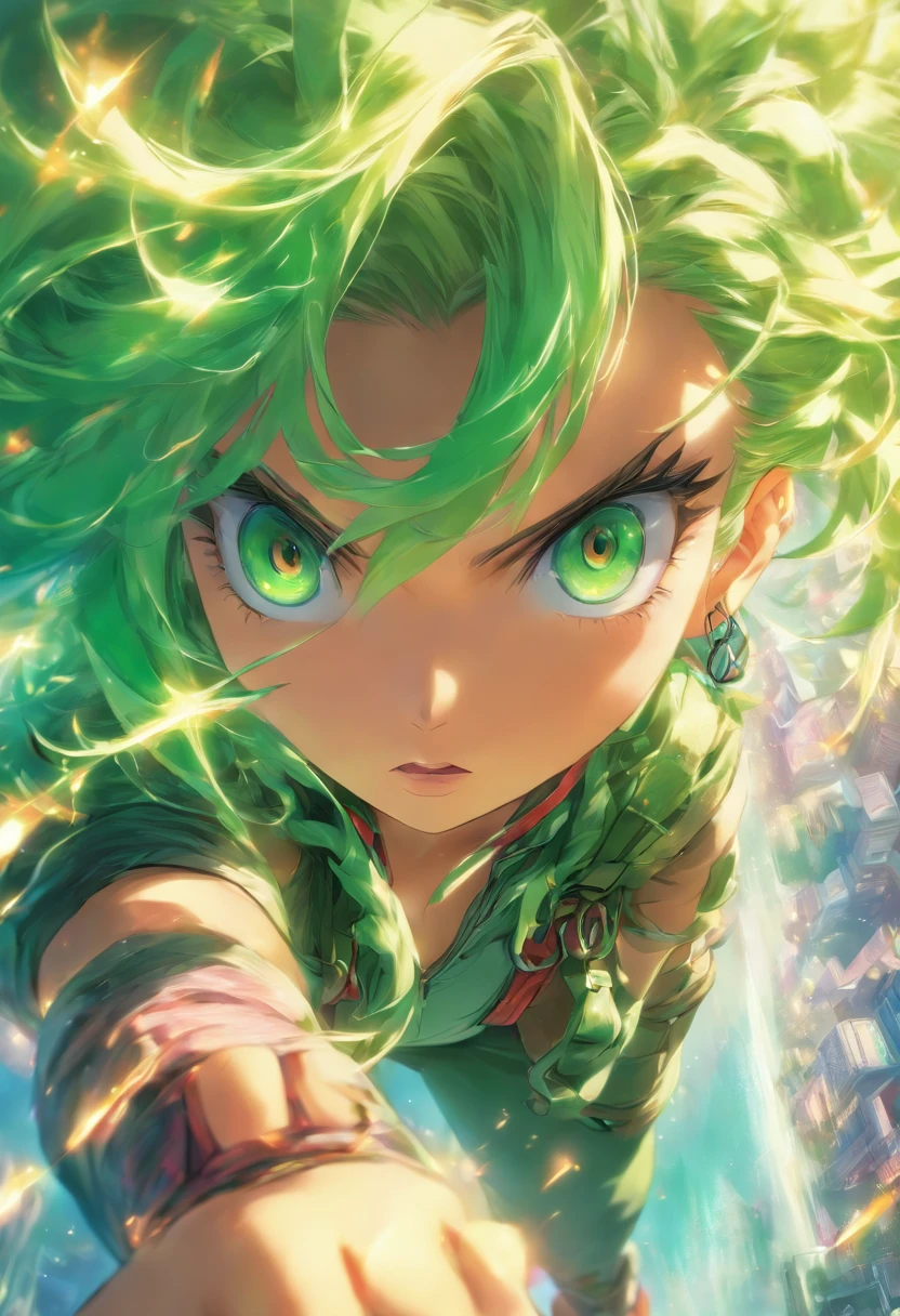 foreshortening, depth of field, masterpiece, best quality, 1girl, Terra Branford, green hair, looking at viewer
