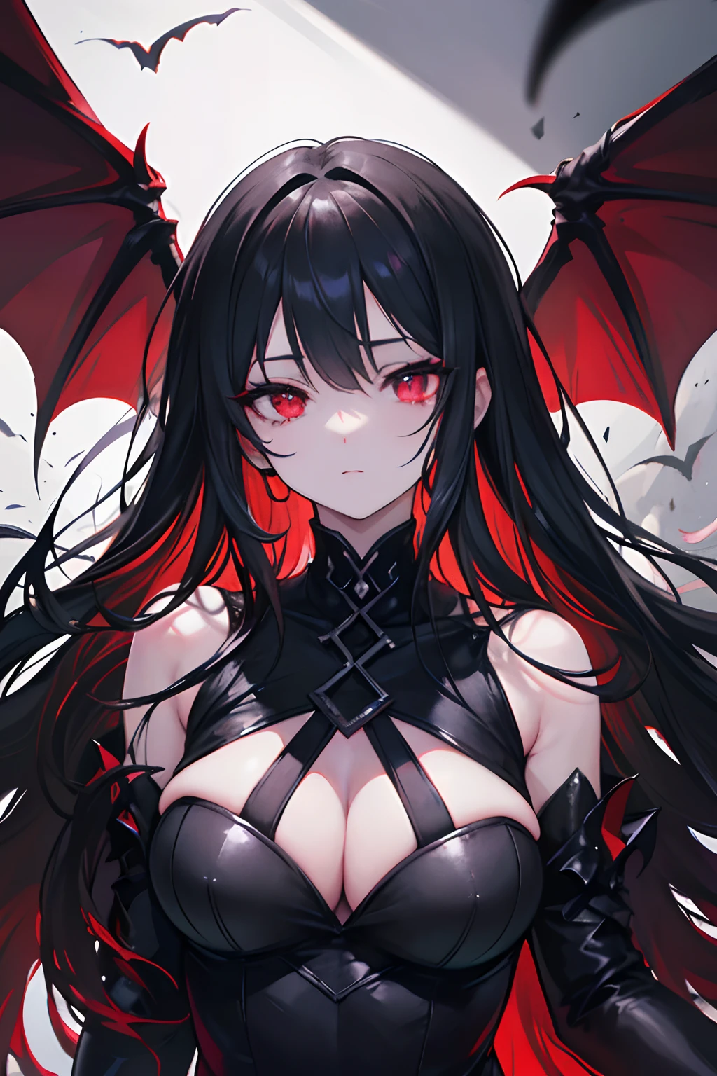 (Best quality,4K,8K,A high resolution,Masterpiece:1.2),Ultra-detailed,Beautiful detailed eyes,Long black hair,Red eyes,Black wings,[Demon wings],Extremely detailed eyes and face,[Black gloves],demon,[Red dress],dark scenery,sportrait,Colorful lighting,Sharp focus,Vivid colors，full bodyesbian