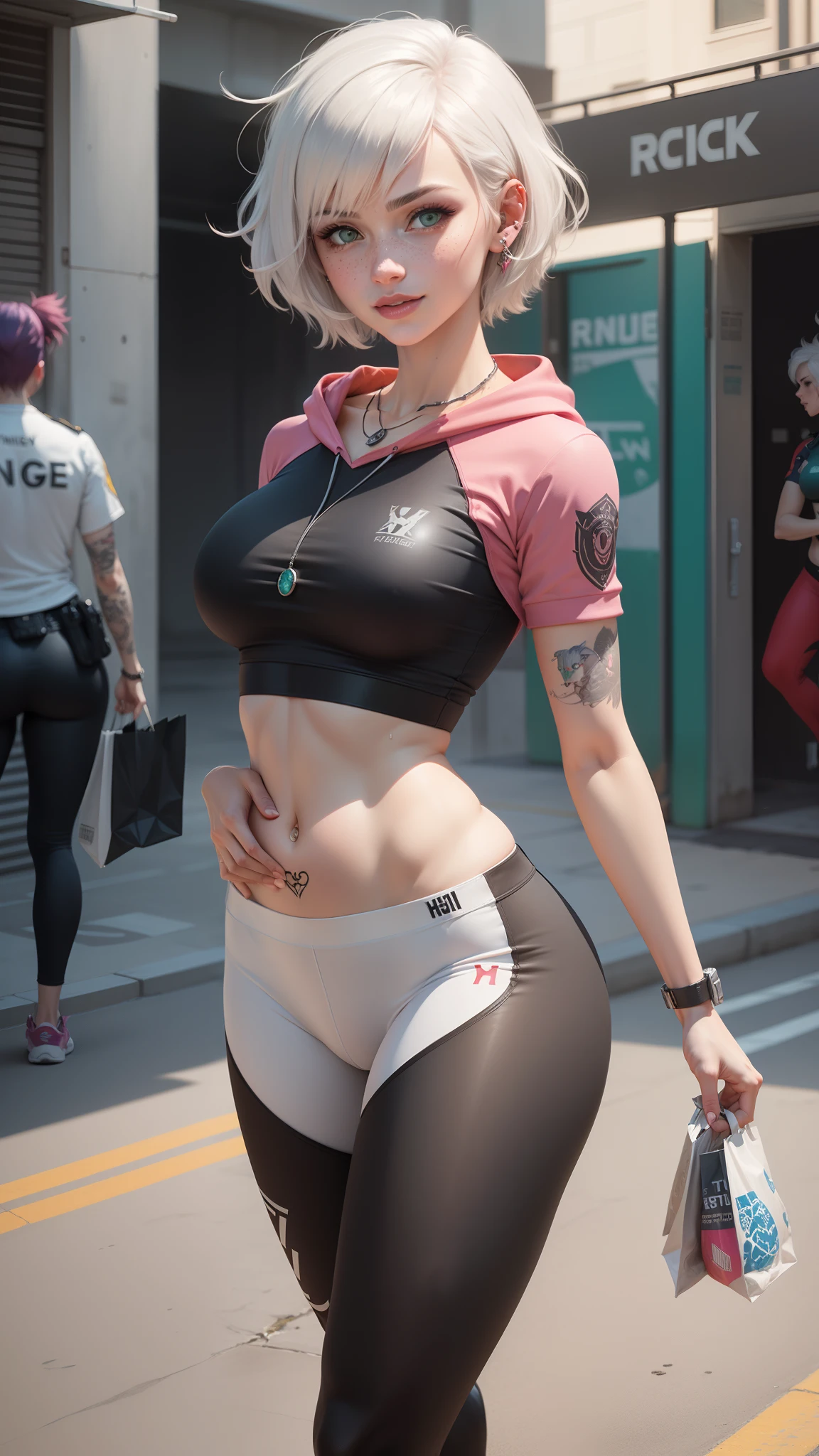 gwen tennyson,tracer,y'shtola rhul,yorha 2b,overwatch,nier automata,mecha pilot,shopping district,tattoos,orange and pink plugsuit,white short sleeve lycra top,white cargo leggings,uncovered belly,short hair,punk makeup,green eyes,multicolored silver hair,sexy smile,freckles,beautiful girl,large breasts,8k,ultra detailed,realistic,fantasy art,police uniform,ear piercings,track suit,saiyan girl,short sleeve sport hoodie,graffiti wall art,walking,dog tag necklace,wet body,small gym bag,