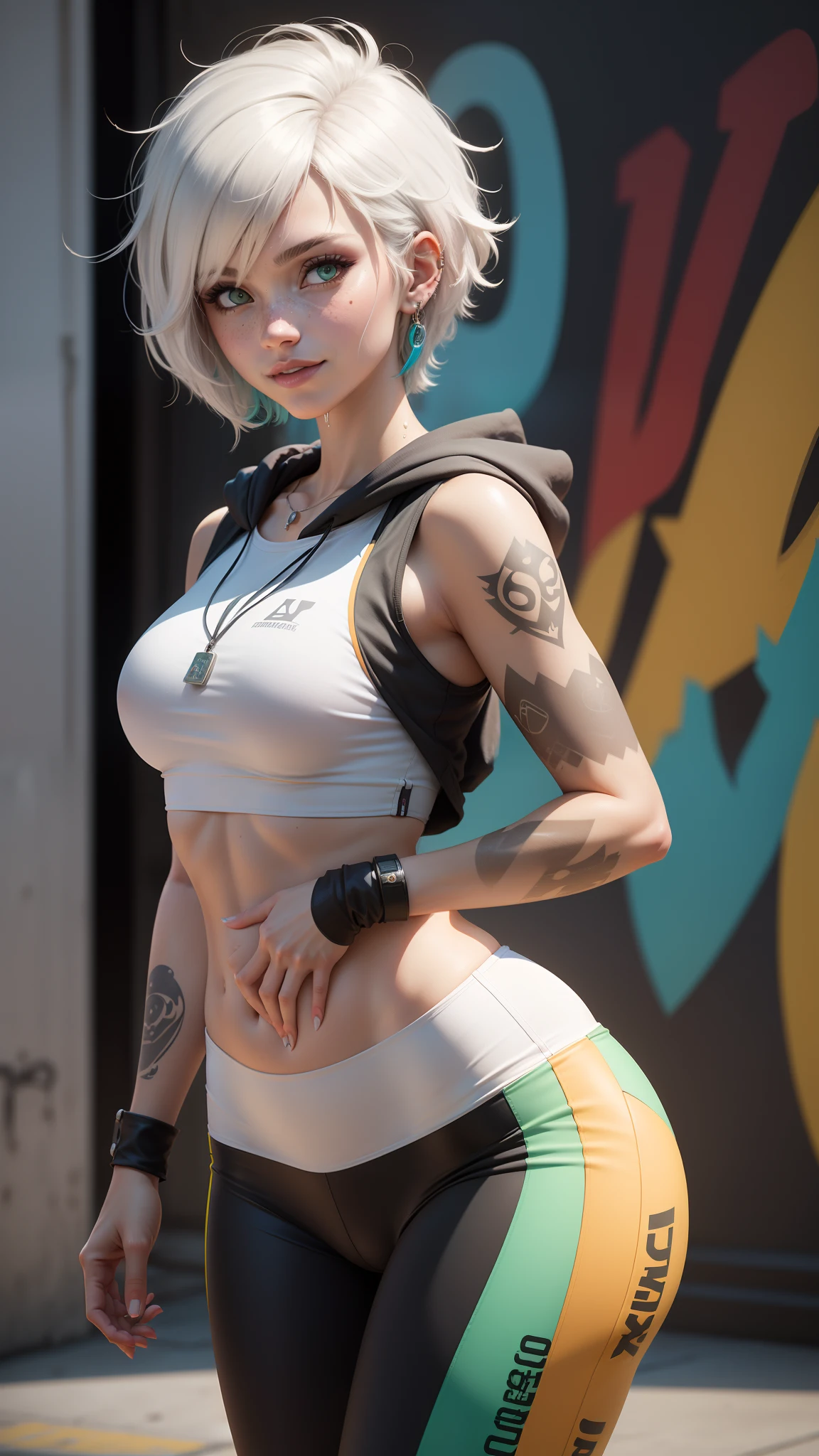 gwen tennyson,tracer,y'shtola rhul,yorha 2b,overwatch,nier automata,mecha pilot,shopping district,tattoos,orange and pink plugsuit,white short sleeve lycra top,white cargo leggings,uncovered belly,short hair,punk makeup,green eyes,multicolored silver hair,sexy smile,freckles,beautiful girl,large breasts,8k,ultra detailed,realistic,fantasy art,gym uniform,ear piercings,track suit,saiyan girl,short sleeve sport hoodie,graffiti wall art,walking,dog tag necklace,wet body,small gym bag,