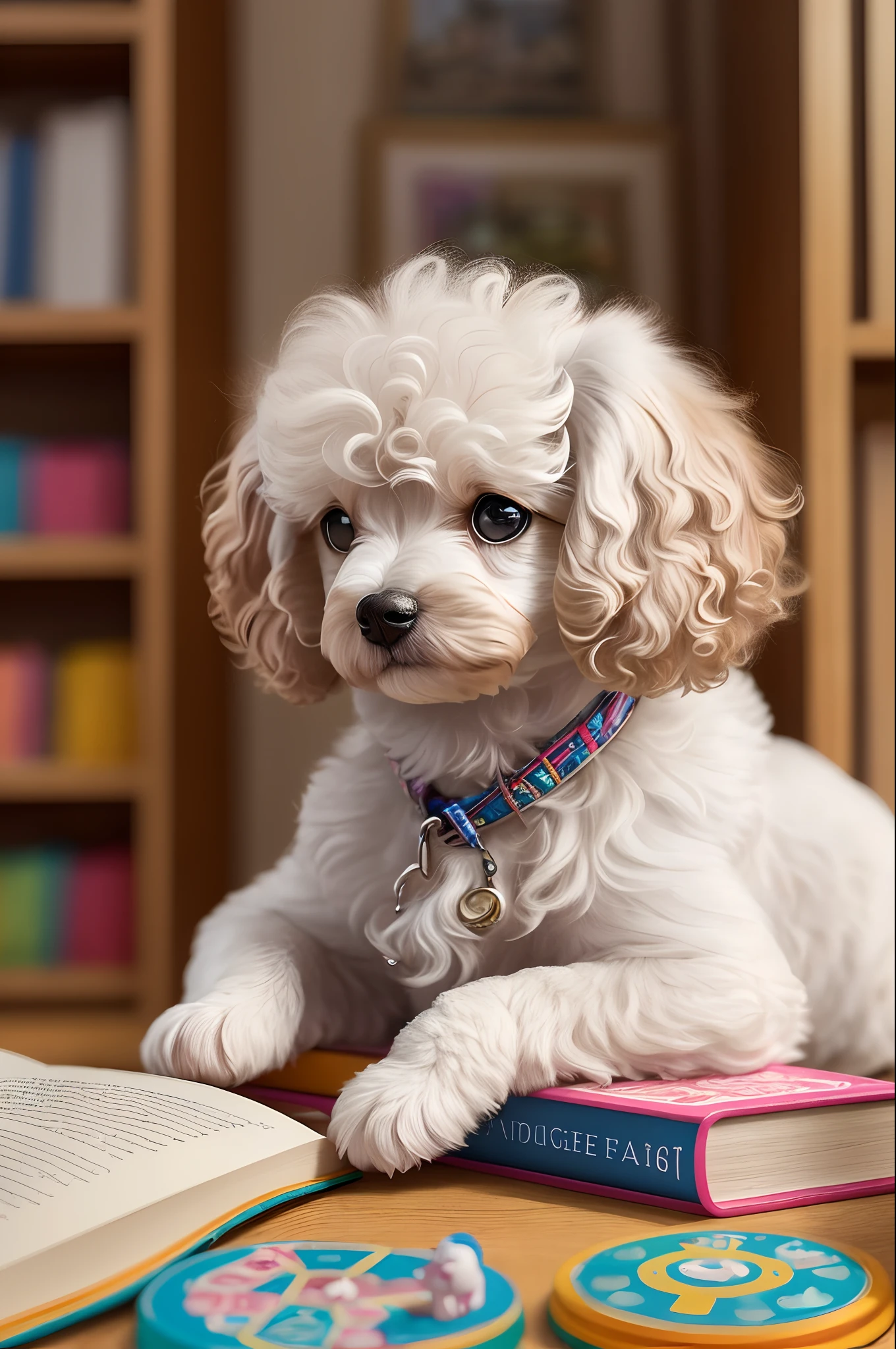 color photo of a tiny white toy poodle with fine lines, surrounded by a whimsical background of children's toys and books. The tiny white poodle is depicted with intricate details, showcasing its adorable features and playful nature. Its fur is rendered with delicate strokes, capturing its softness and warmth. The background is filled with colorful toys, ranging from stuffed animals to building blocks, creating a vibrant and joyful atmosphere. Books are scattered around, with pages partially opened, hinting at the tiny white poodle’s curiosity and love for learning. The scene exudes a sense of innocence and wonder, captivating both children and adults alike. The photo is captured using a high-resolution digital camera, with precise color reproduction and sharpness. The camera model used is a Canon EOS 5D Mark IV, paired with a macro lens to capture the fine details of the puppy's features. The color film type is not applicable for this digital capture. The photographer employs various lighting techniques to enhance the depth and texture of the image. In a unique collaboration, the photo is directed by Wes Anderson, with cinematography by Emmanuel Lubezki, photography by Annie Leibovitz, and fashion design by Marc Jacobs. —c 10 —ar 9:16 --auto --s2