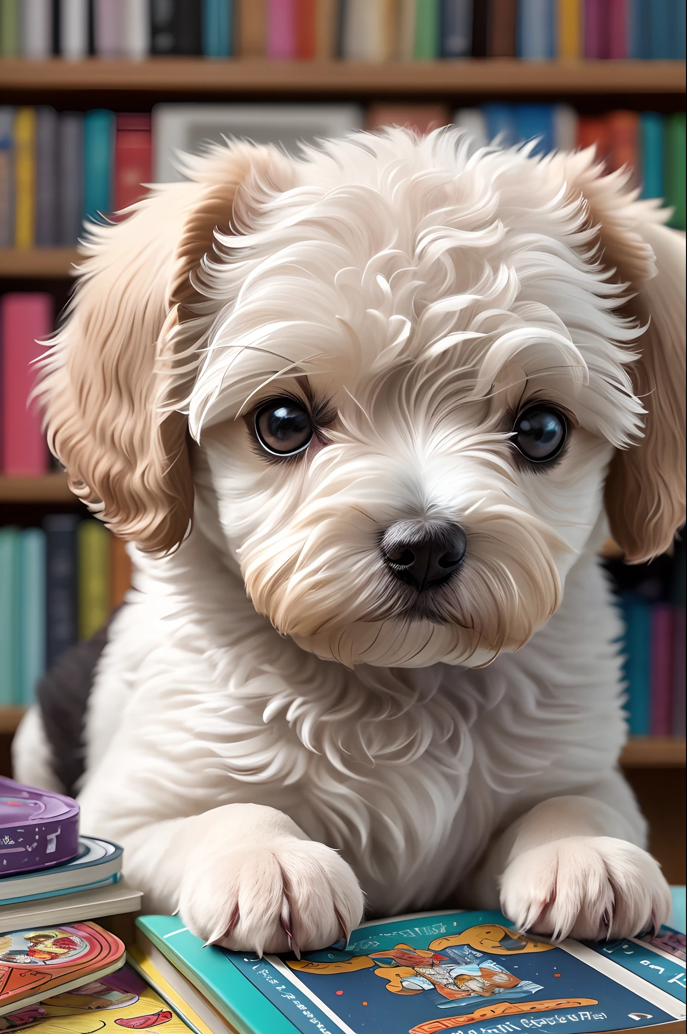 color photo of a tiny white toy poodle with fine lines, surrounded by a whimsical background of children's toys and books. The tiny white poodle is depicted with intricate details, showcasing its adorable features and playful nature. Its fur is rendered with delicate strokes, capturing its softness and warmth. The background is filled with colorful toys, ranging from stuffed animals to building blocks, creating a vibrant and joyful atmosphere. Books are scattered around, with pages partially opened, hinting at the tiny white poodle’s curiosity and love for learning. The scene exudes a sense of innocence and wonder, captivating both children and adults alike. The photo is captured using a high-resolution digital camera, with precise color reproduction and sharpness. The camera model used is a Canon EOS 5D Mark IV, paired with a macro lens to capture the fine details of the puppy's features. The color film type is not applicable for this digital capture. The photographer employs various lighting techniques to enhance the depth and texture of the image. In a unique collaboration, the photo is directed by Wes Anderson, with cinematography by Emmanuel Lubezki, photography by Annie Leibovitz, and fashion design by Marc Jacobs. —c 10 —ar 9:16 --auto --s2
