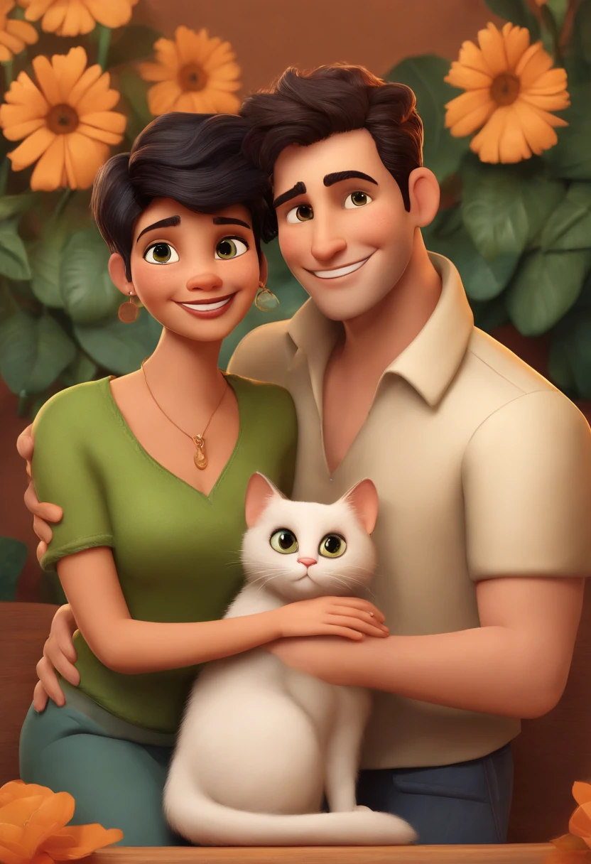 Pixar. Um casal de gays, Two men who are a gay couple with two cats. First boy is white has black hair, olhos castanhos com 30 anos rosto comprido, Sympathetic short hair. The second boy is a young man with dark blond hair, com 30 anos, bonito, olhos verdes, pianista e ama seu companheiro. They're both smiling, com um gato laranja, e uma gata totalmente preta, All together and happy as a family.