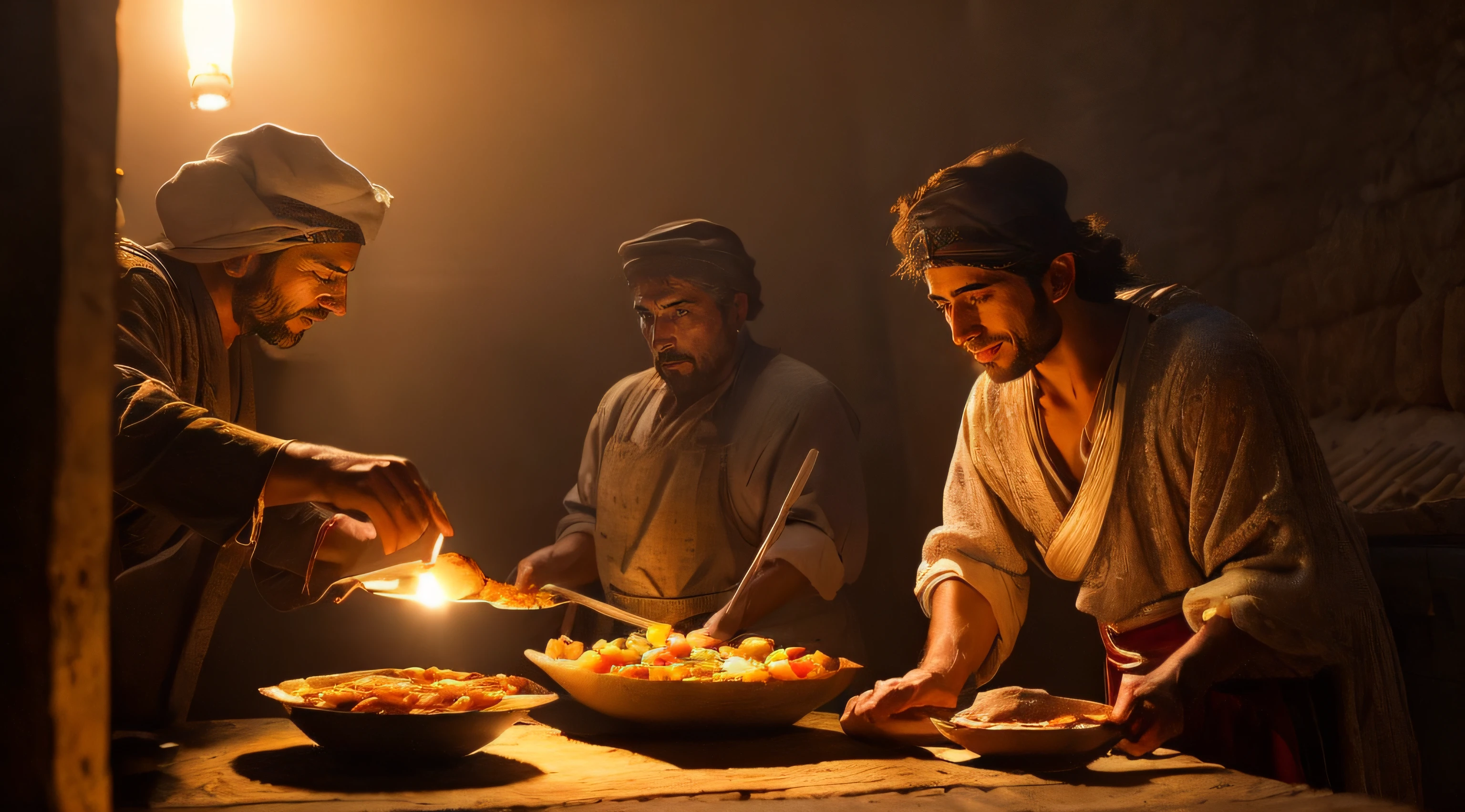 (((Ancient Israel)))、(((Biblical times)))、(((1st century)))、(((mid night)))、(((Servant men preparing meals)))、8K、Raw photography、top-quality、​masterpiece:1.5、ultra-lightweighthigh-resolution、Photorealsitic:1.5、ciinematic light、soft volumetric lighting:1.5、realisitic、Photorealsitic:1、Detailed skin、profetional lighting、a picture、foco nítido、detaileds、profetional lighting、photon maping、detailed and intricate environment、ighly detailed、top-quality、Artistic photography、photorrealistic concept art、soft natural volumetric cinematic perfect light、Midjourney、Detailed hand、