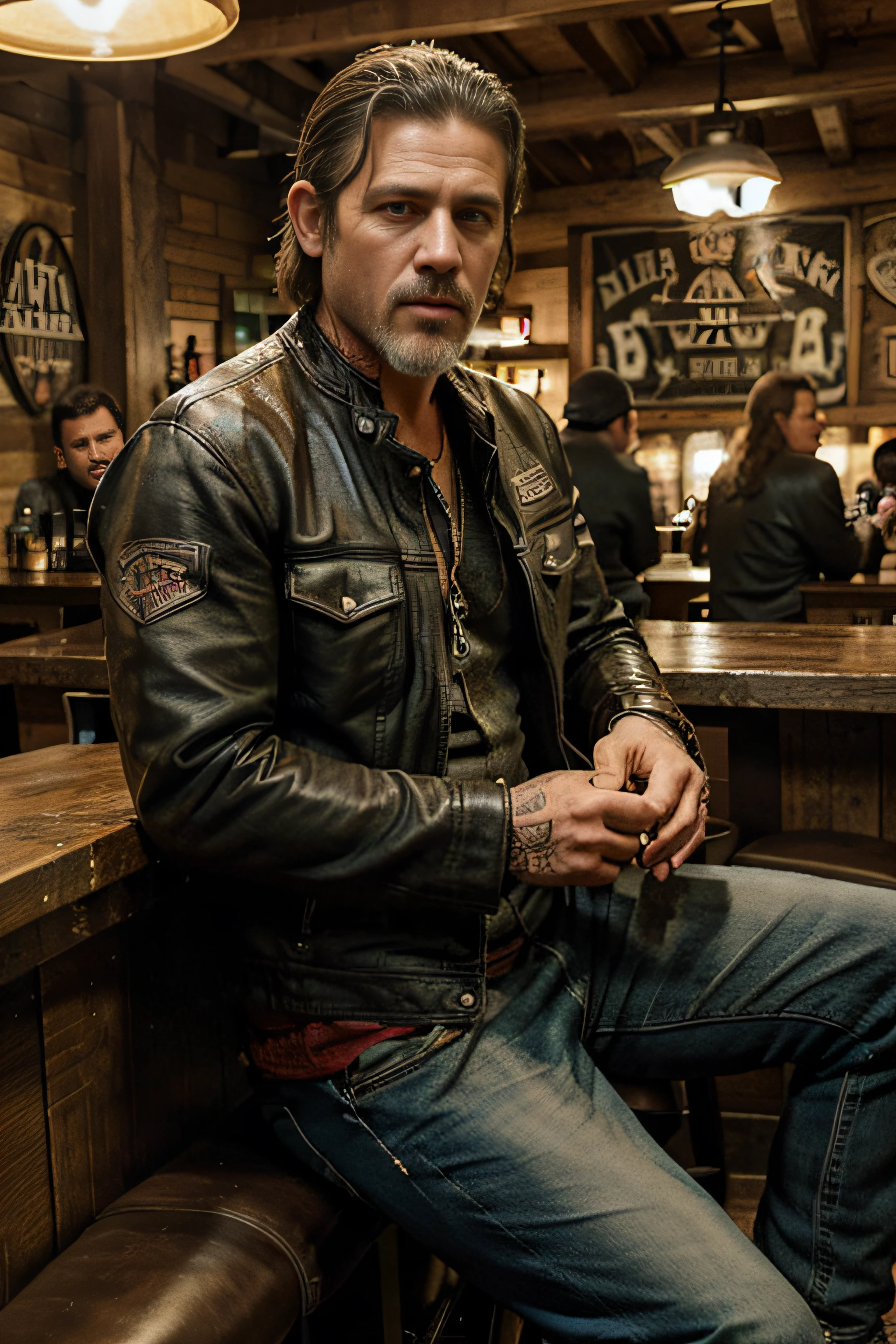 handsome rustic man, with black hair, 50 years old, member of a SONS OF ANARCHY style motorcycle club, with typical clothes, green eyes, well-defined mouth and hands, sitting in a characteristic bar with people drinking in the background