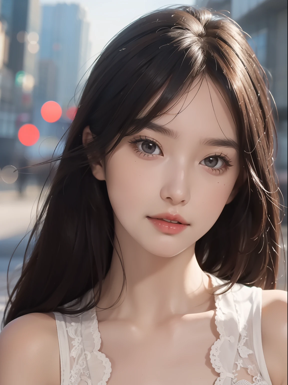 film portrait photography, 1girl, bare shoulders, wavy shoulder-length hair, serene, calm, (realistic detailed eyes, natural skin texture, realistic face details), soft dramatic lighting, depth of field, bokeh, vibrant details, finely detailed, hyperrealistic, 35mm film, hazy blur, filmg,