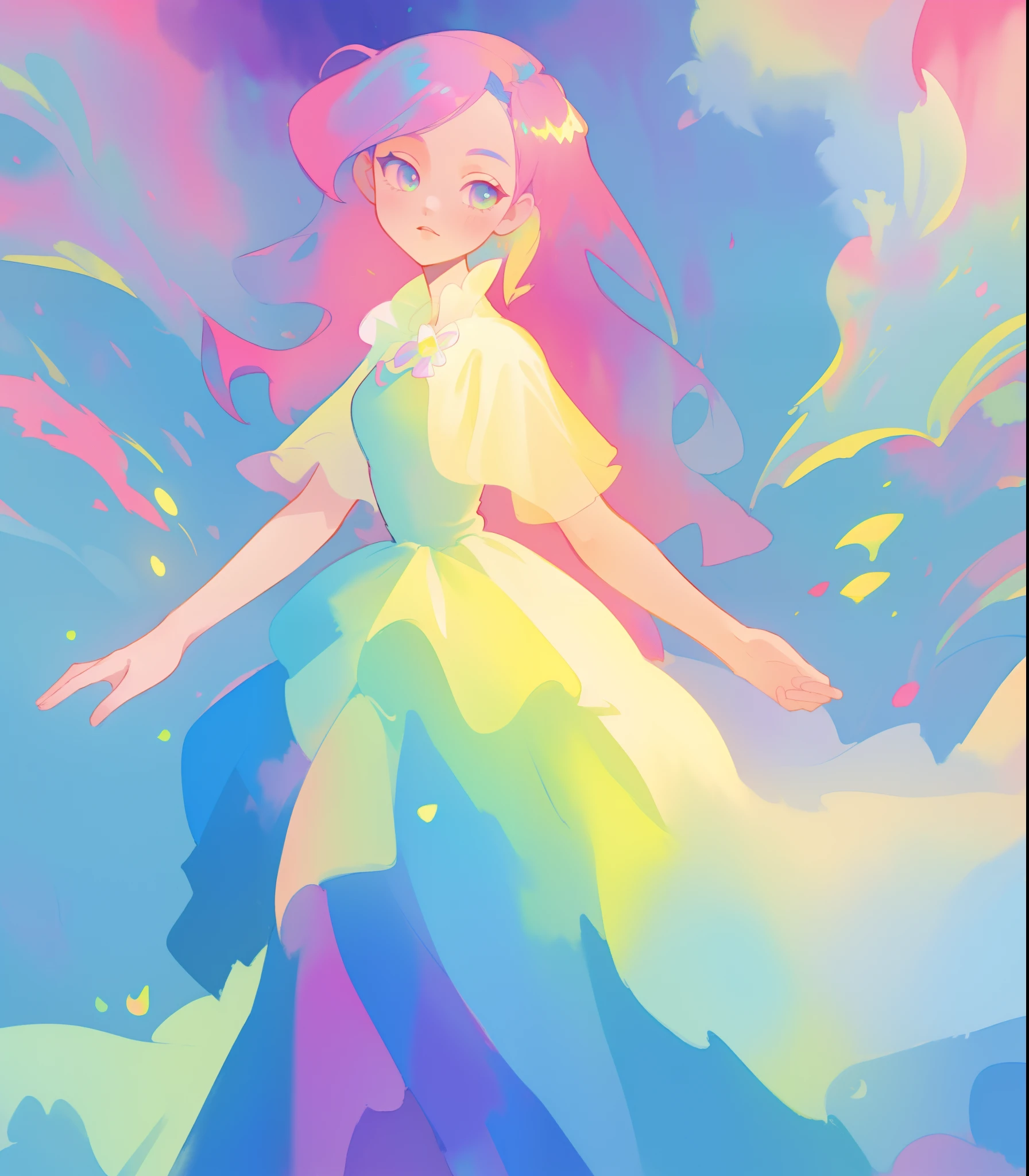beautiful girl in flowing colorful gradient ballgown, puffy multi-layered ballgown, long flowing colorful hair, vibrant pastel colors, colorful, watercolor illustration, masterpiece, best quality, sharp focus, intricate detail, highly detailed, 8k resolution, beautiful face, golden ratio, perfection, fantasia background, otherworldly, whimsical, magical