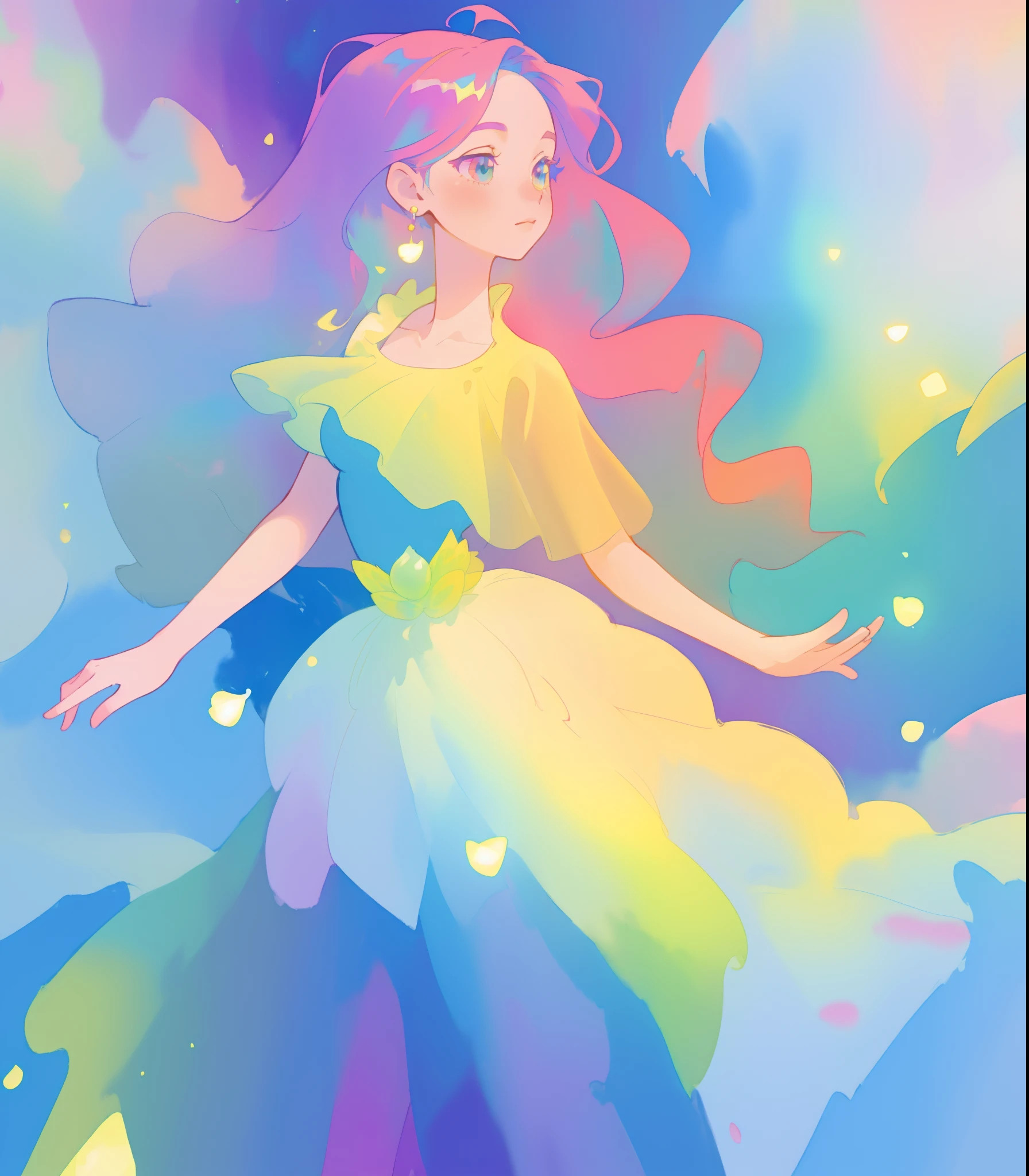 beautiful girl in flowing colorful gradient ballgown, puffy multi-layered ballgown, long flowing colorful hair, vibrant pastel colors, colorful, watercolor illustration, masterpiece, best quality, sharp focus, intricate detail, highly detailed, 8k resolution, beautiful face, golden ratio, perfection, fantasia background, otherworldly, whimsical, magical