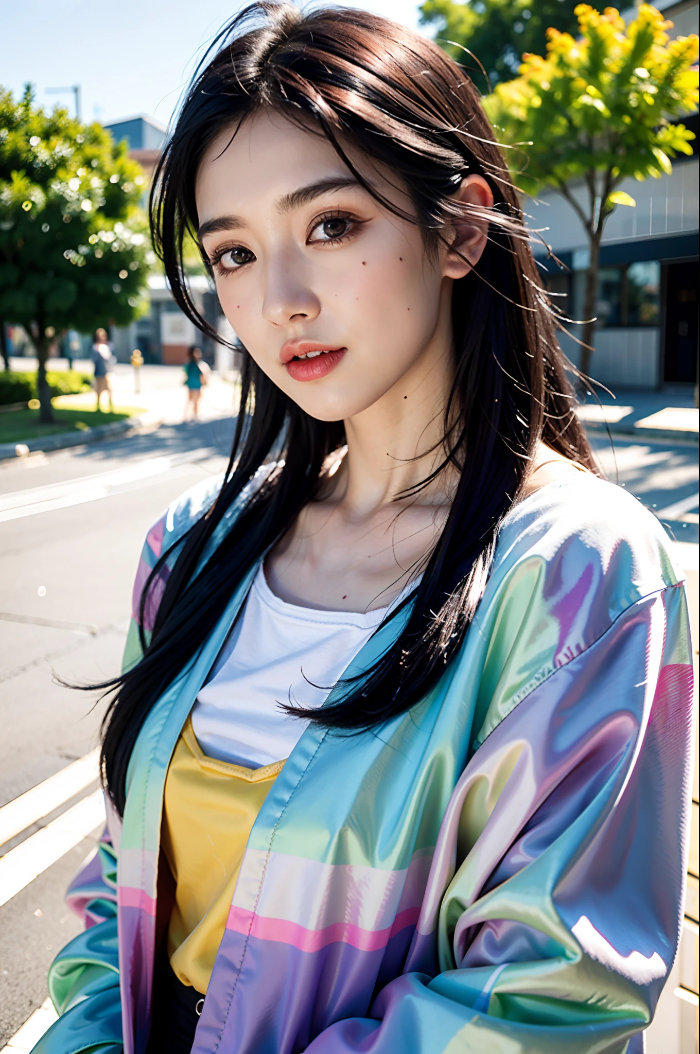 black hair, multicolored hair, hair bell, bright pupils, happy, Surrealism, high detail, En plein air, ray tracing, glowing light, 8k, super detail, UHD, textured skin