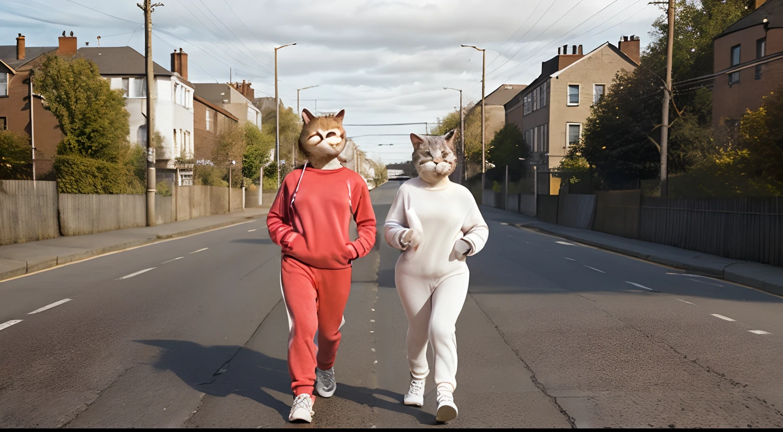 Super cute cats, Listen to music happily with a headset, Jogging on the road like a human in tracksuit, The background of the picture is on a city road, Glossy and delicate,Clean background, Good gloss, 3D rendering of,Best quality，Please use a real cat anthropomorphism to present the picture