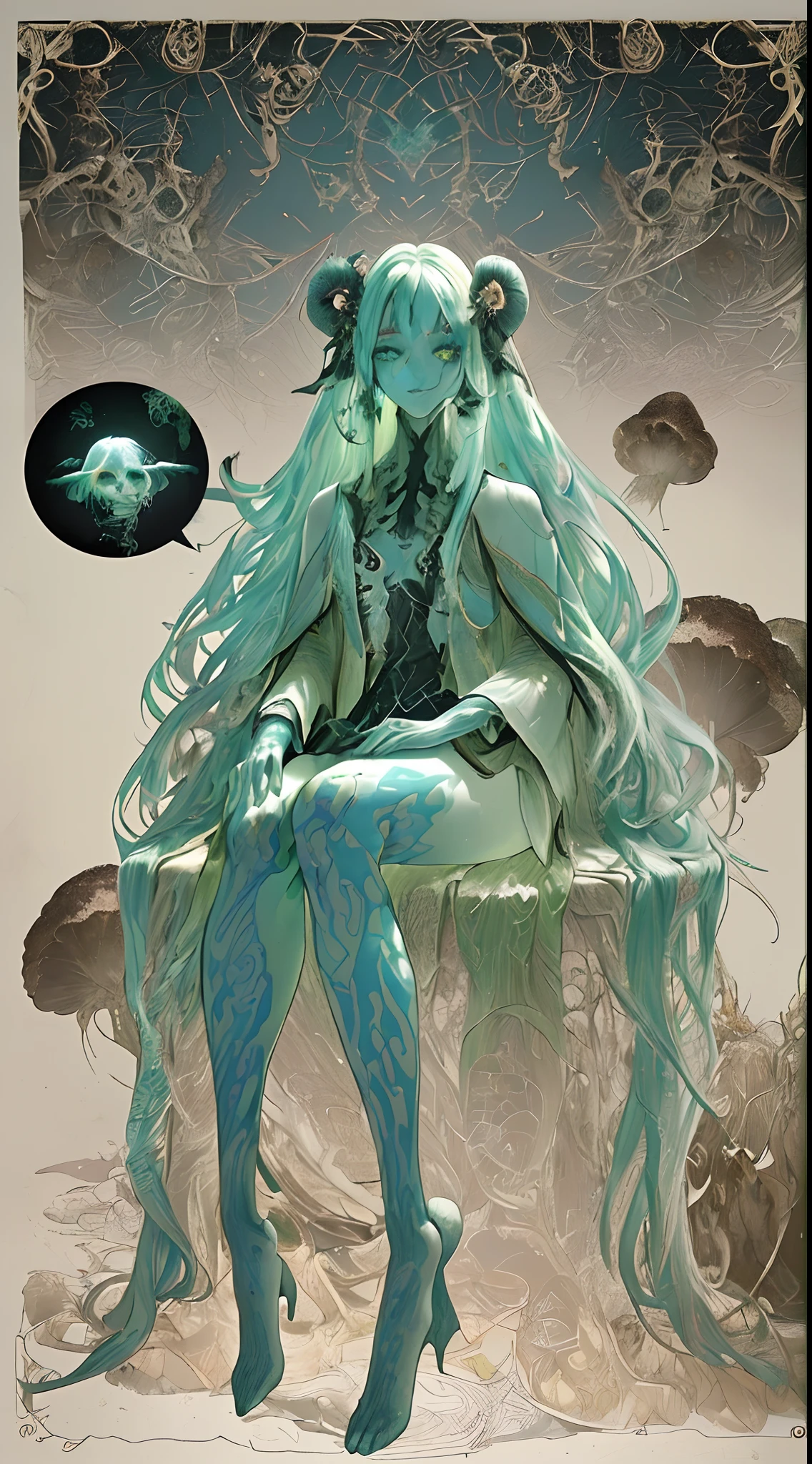 Anthesi are beings that resemble humanoids with plant or fungus-like characteristics, such as green or brown-tinted skin, vine like hair, and leaves, flowers, buds, or mushrooms growing across their bodies. Beneath the skin of an Anthesi head is the skull of a long dead humanoid being, from which they inherit small amounts of memories and knowledge from the owners previous life, as well as their general facial features. Though they continue to grow throughout most of their lives, their heads remain almost the same size throughout their lives, leaving the exceptionally young or old Anthesi with strangeproportions. Their eyes contain large, black pupils and irises surrounded by pastel colored sclera, and older Anthesi display bioluminescent patterns of similar colors along their bodies.