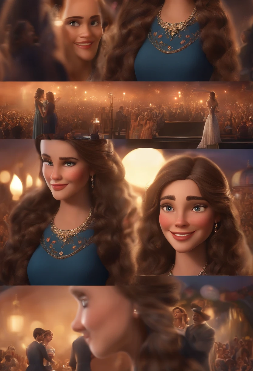 "(best quality,ultra-detalhado,Realistic:1.37),3D rendering,illustration,design de personagens,medium and wavy brown hair, belos olhos detalhados cor marrom escuro,Estilo Pixar,morena mulher,cantando no palco da Disney,atmosfera animada,vivid colors,luzes de palco,expression joyful"