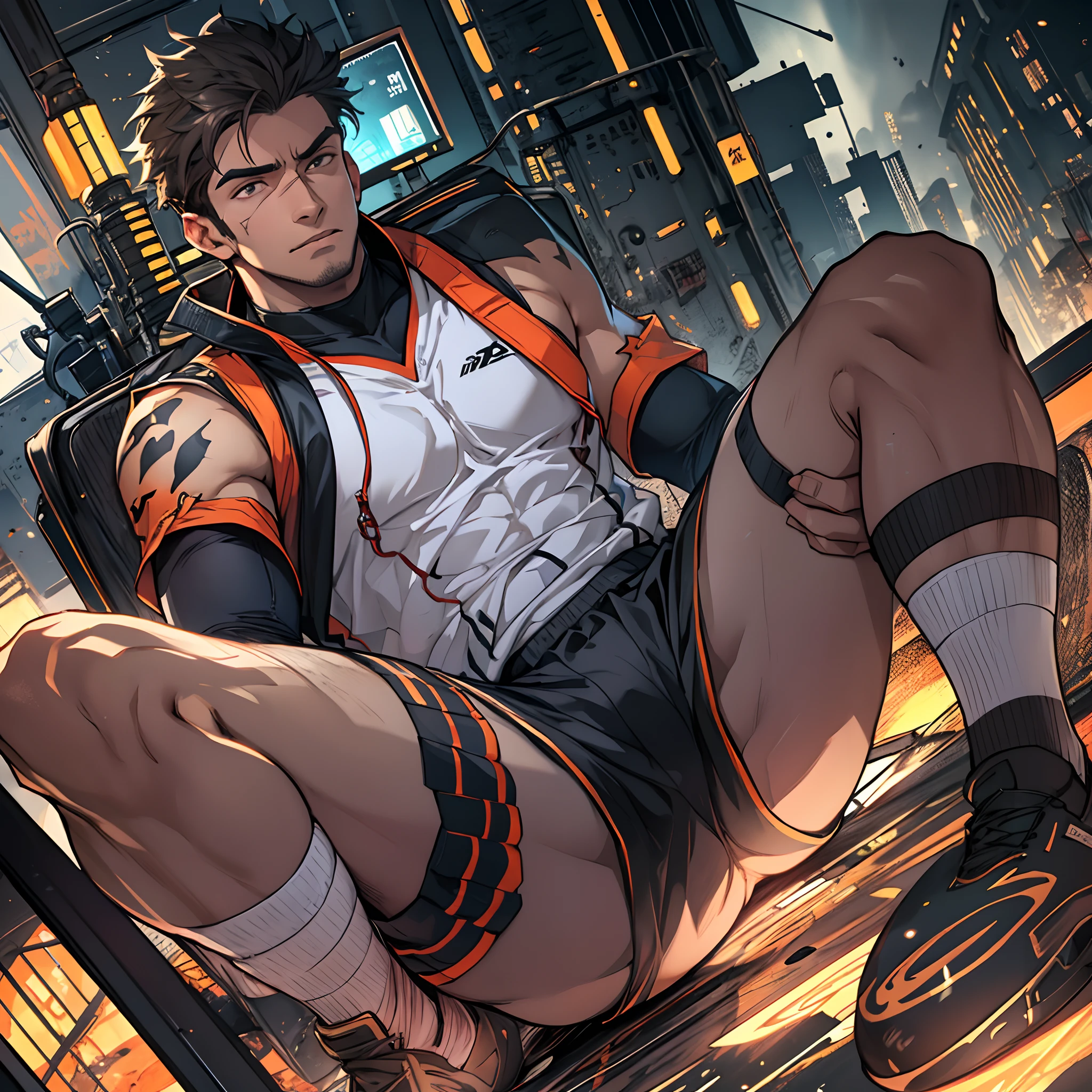 Libido boy,Tong,large pecs,Big bag,Wear white basketball socks,Half recumbent,CG sense,POV perspective,spread their legs,Dark atmosphere,8K,Cinematic lighting effects,Textured skin,best qualtiy,Storytelling images,Storytelling images,dynamic blur,actionpose,Elevation viewing angle