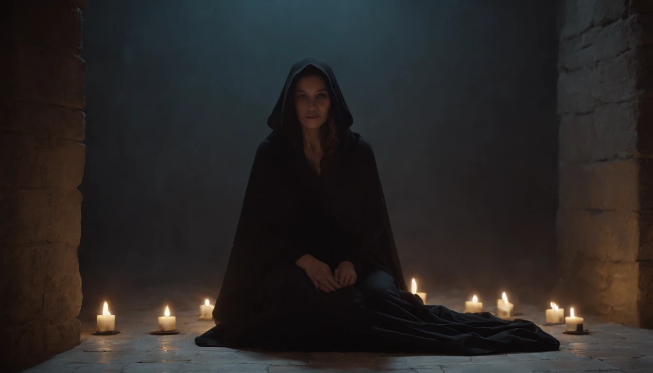 Strange people in black robes and hoods, no faces, only black shadows, surround a woman who is bound hand and foot on the ground in civilian clothes, illuminated by candlelight in the dark, photorealistic, cinematic effects, CGI, VFX, SCI-FI, 4K