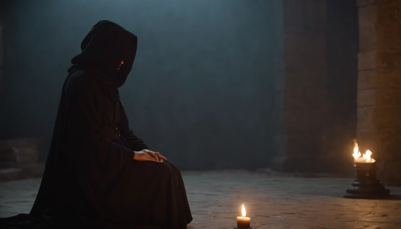 Strange people in black robes and hoods, no faces, only black shadows, surround a woman who is bound hand and foot on the ground in civilian clothes, illuminated by candlelight in the dark, photorealistic, cinematic effects, CGI, VFX, SCI-FI, 4K