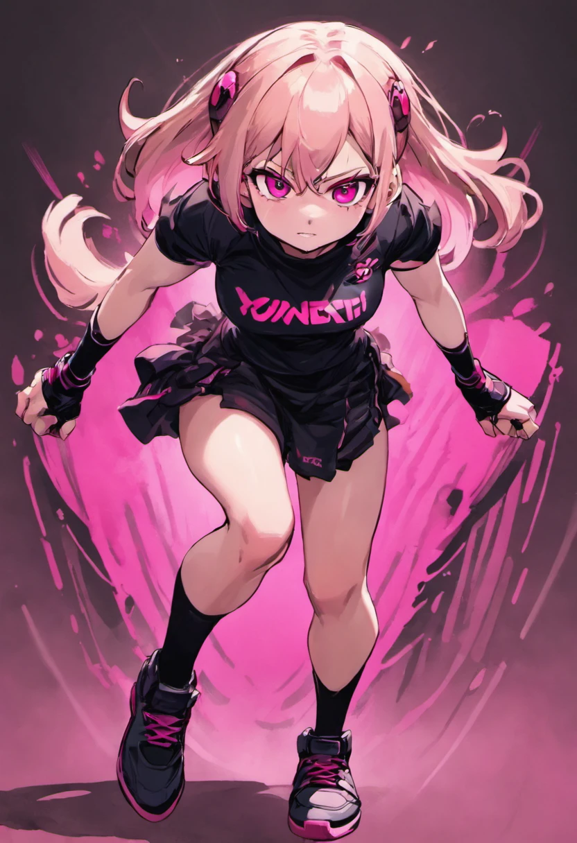 girl with medium-long pale pink hair (esponjoso), Great light brown color, mejillas coloradas usando una camiseta negra por dentro de una falda negra con rosa, calceitnes blancos, zapatos morados con guantes negros, una visera color negro en la cabeza; en un mundo futurista sosteniendo un arma