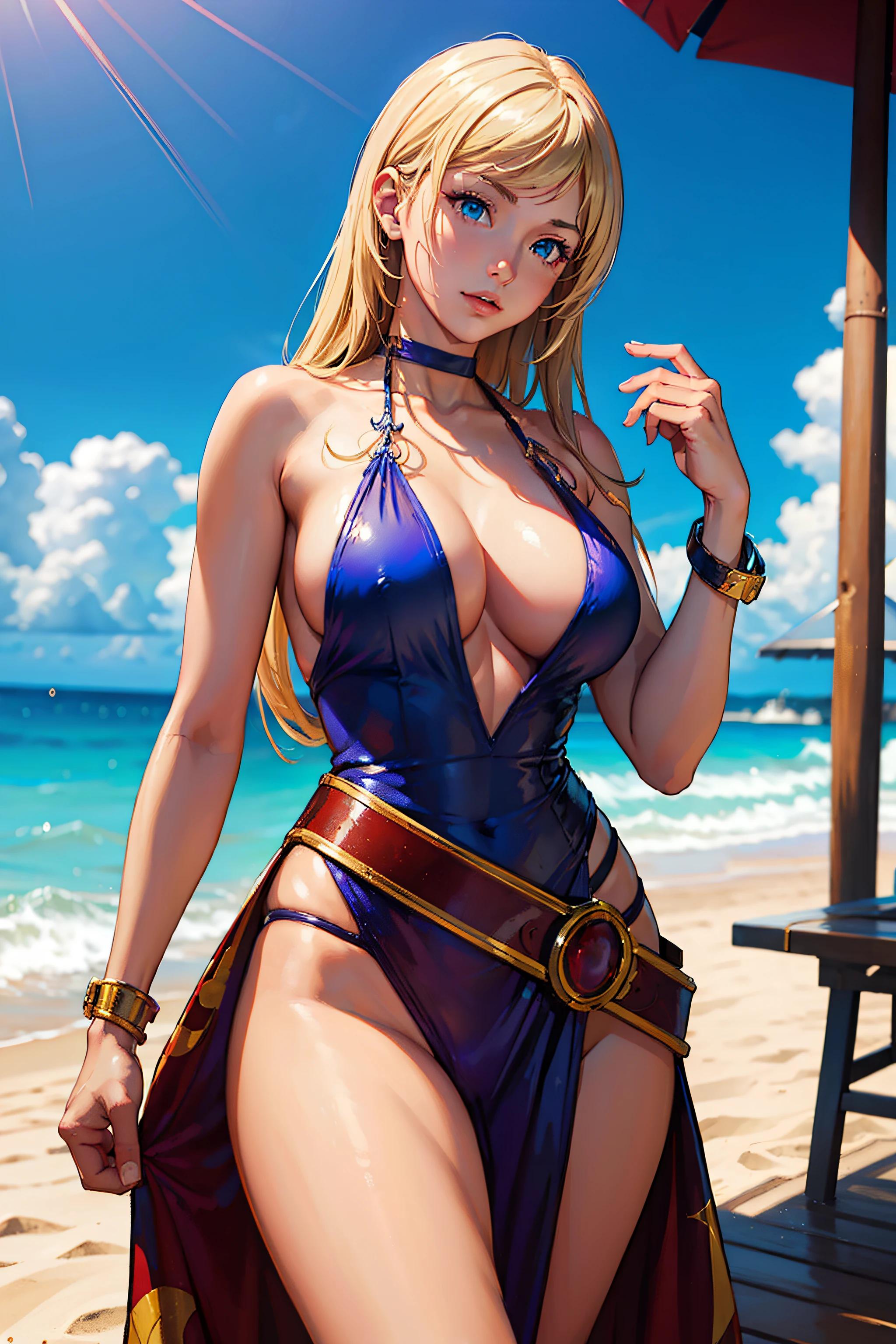 (masterpiece, best quality,), beautiful detailed eyes, extremely detailed face, perfect lighting, ((perfect hands,perfect anatomy)), 1girl, solo, dress,side slit, b. jenet from king of fighters, beach, thick, big breast,