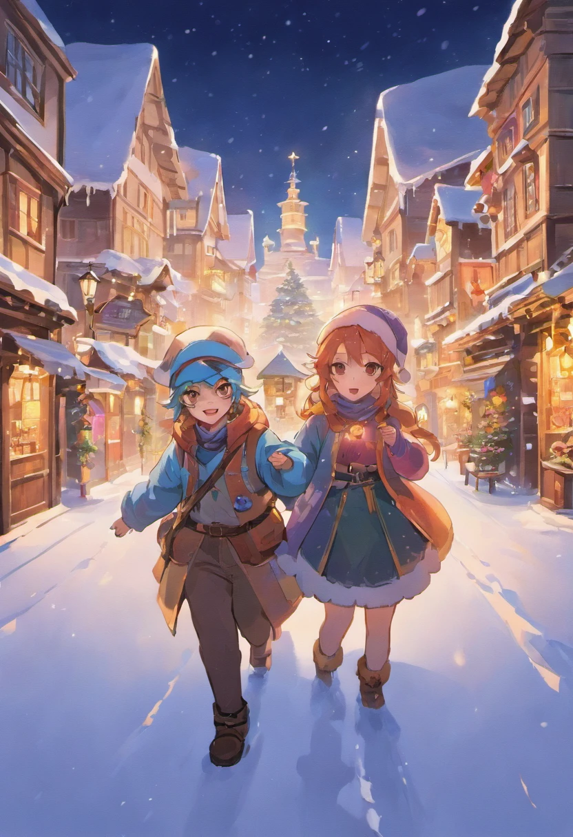 "*image*: An enchanting landscape of a snow-covered plateau with enchanting villages illuminated by colorful lights. Two playful elves adorned with sunglasses and pirate hats、Build a giant snowman for fun."realisitic