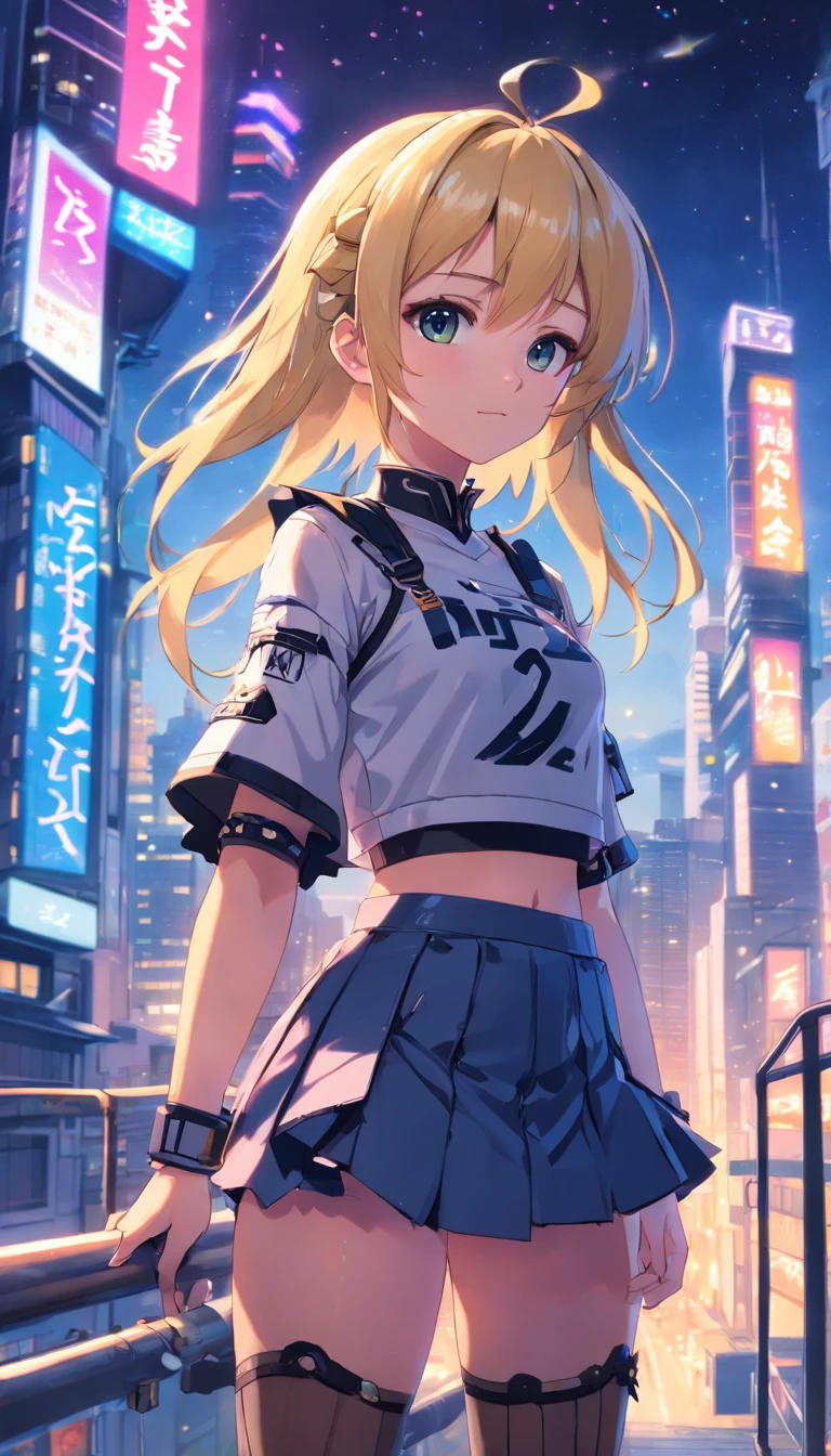 absurdres, texture, absolutely resolution, (extremely detailed CG unity 16k wallpaper:1.1), (Denoising strength: 1.45), (tmasterpiece:1.37), (Full body posing:1.4:), whole-length, Dynamic angle, starry sky, lifelike texture, side lighting, (style of anime:1.5), (best illuminate, best shadow), (best illustration), dynamic angle, (chibi:1.15), thick outline, (1girl:1.2), 16y.o, detailed eyes, blonde hair, detailed face, crop top, frilled sleeves, pleated skirt, fishnet thighhighs, Volumetric Lighting, (outline), (messy cyberpunk room:1.1), window, colourful, neon trim, cyberpunk city, High saturation, clouds and stars sky, Galaxy, ((citylight)), cowboy shot, sparkle, glowing light, ray tracing, (best quality), masterpiece, UHD