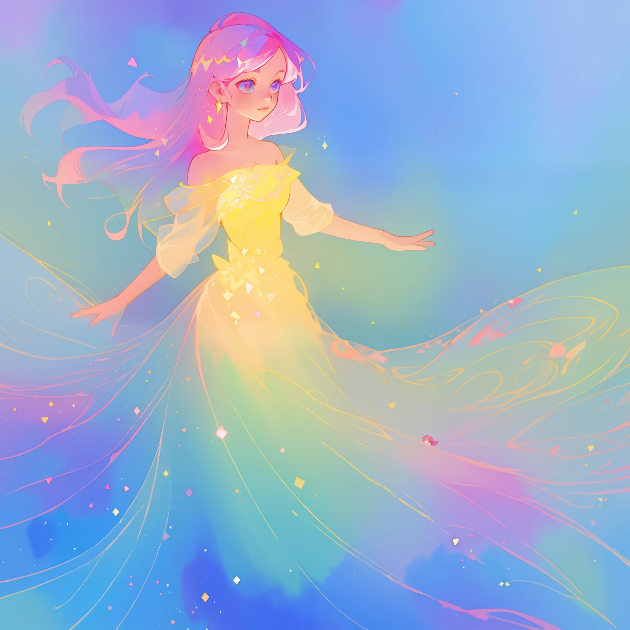beautiful girl in flowing multi-layered colorful ballgown, sparkling, long flowing pink hair, vibrant pastel colors, colorful, watercolor illustration, masterpiece, best quality, sharp focus, intricate detail, highly detailed, 8k resolution, beautiful face, golden ratio, perfection, fantasia background, otherworldly, whimsical, magical