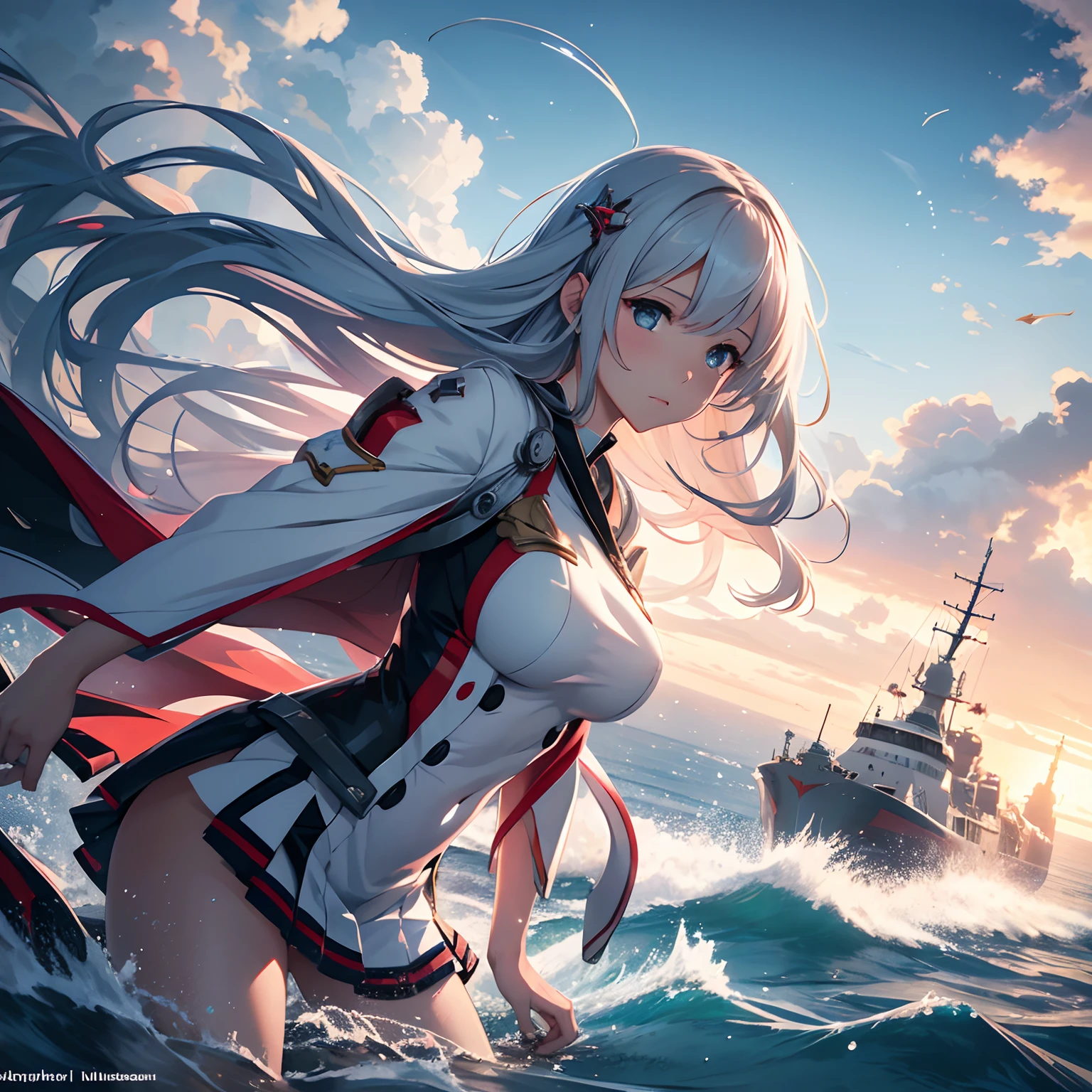 finest image, (8k, RAW photo, realistic), detailed and delicate depiction and flashy and dynamic painting method, anime girl gliding of characters like Kantai Collection and Azurlane, background ruins, white haze, water drops, professional lighting