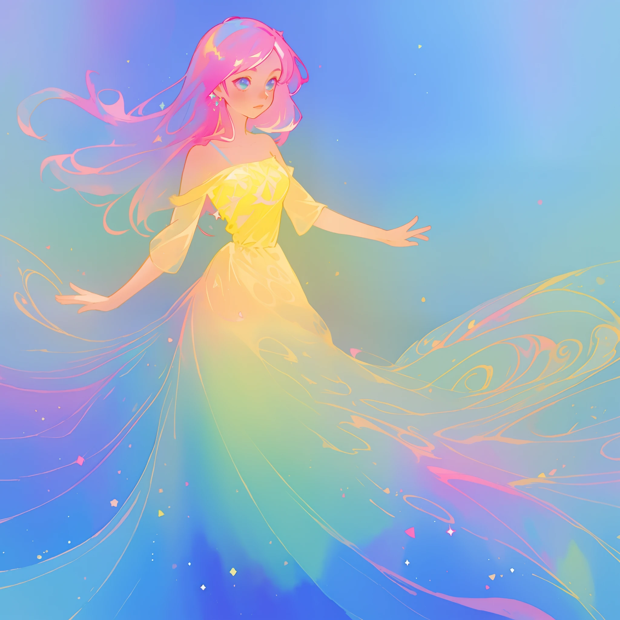 beautiful girl in flowing multi-layered colorful ballgown, sparkling, long flowing pink hair, vibrant pastel colors, colorful, watercolor illustration, masterpiece, best quality, sharp focus, intricate detail, highly detailed, 8k resolution, beautiful face, golden ratio, perfection, fantasia background, otherworldly, whimsical, magical