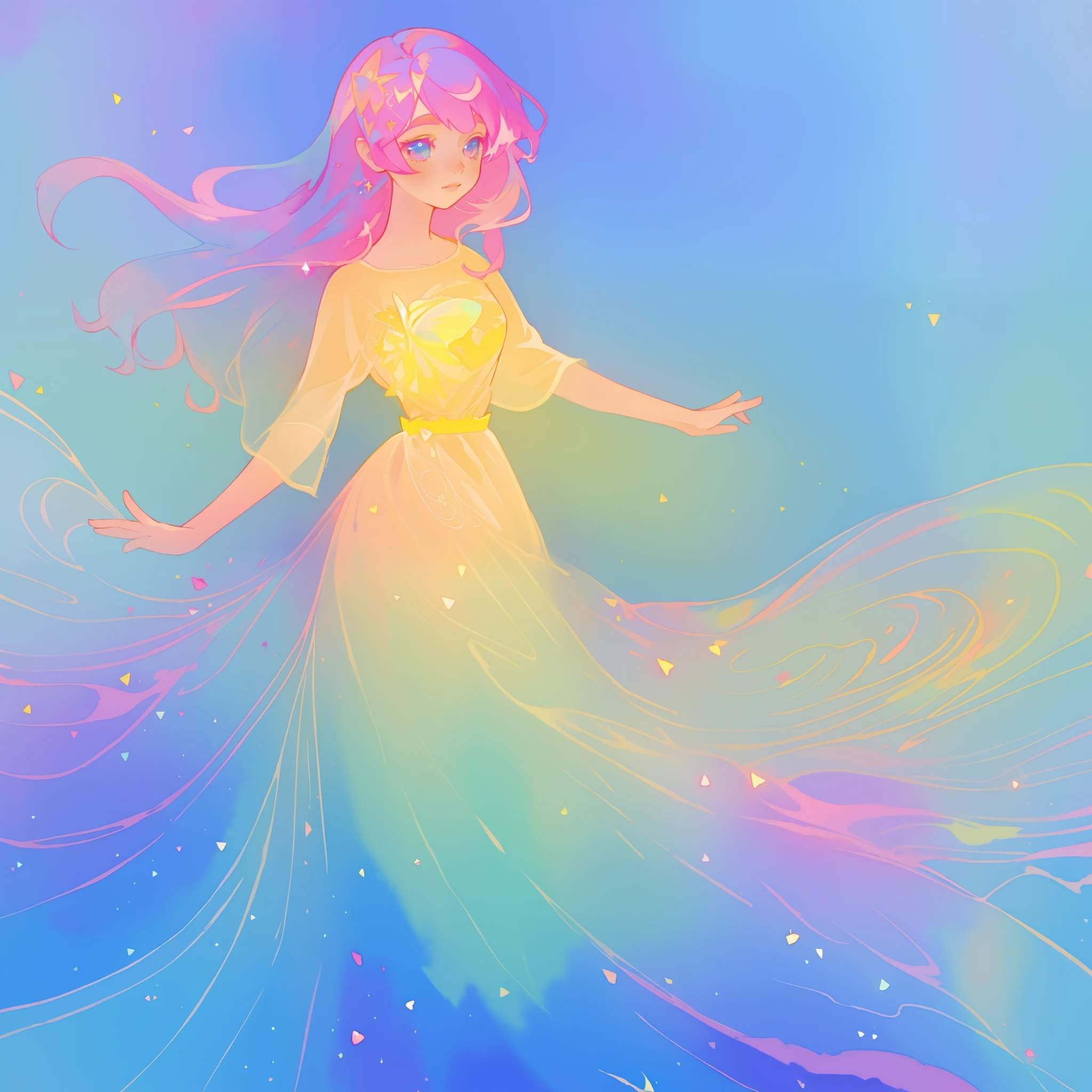 beautiful girl in flowing multi-layered colorful ballgown, sparkling, long flowing pink hair, vibrant pastel colors, colorful, watercolor illustration, masterpiece, best quality, sharp focus, intricate detail, highly detailed, 8k resolution, beautiful face, golden ratio, perfection, fantasia background, otherworldly, whimsical, magical