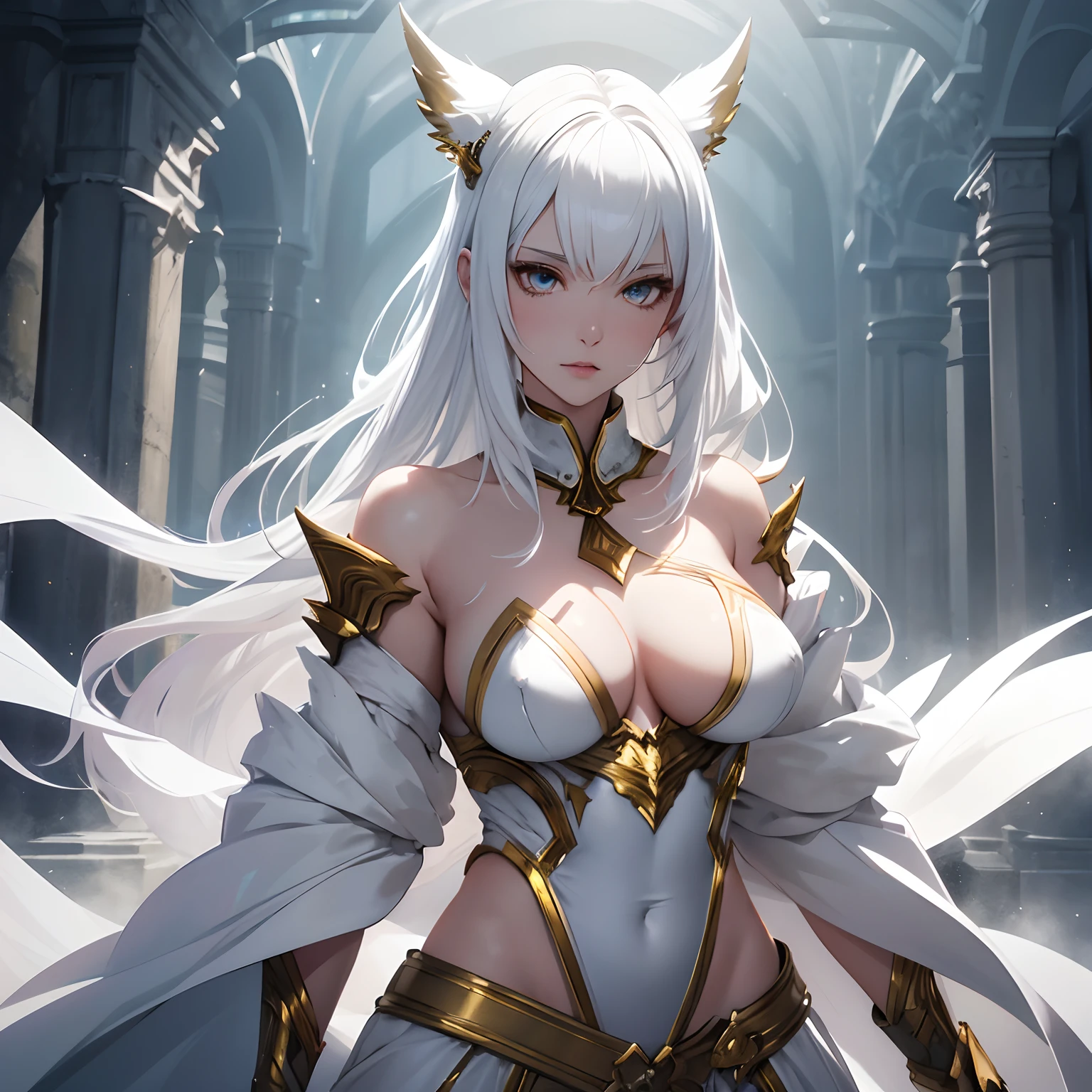 finest image, (8k, RAW photo, realistic), detailed and delicate depiction and flashy and dynamic painting method, beautiful white wolf woman, iridescent white hair, gold sharp eyes, amorous expression, lewd expression, huge breasts, abs, great proportion, anime female warrior costume, background ruins, white haze, professional lighting