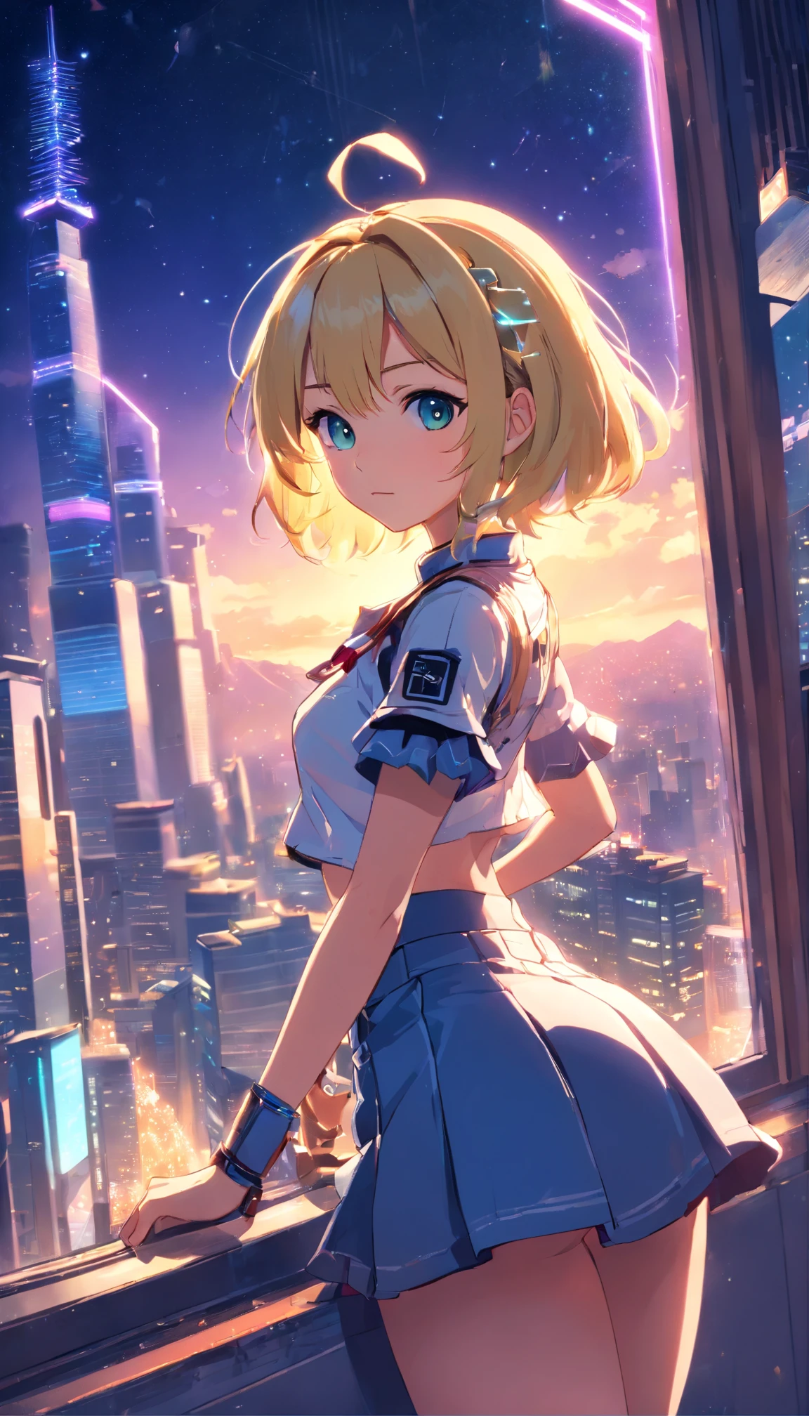 absurdres, texture, absolutely resolution, (extremely detailed CG unity 16k wallpaper:1.1), (Denoising strength: 1.45), (tmasterpiece:1.37), (Full body posing:1.4:), whole-length, Dynamic angle, starry sky, lifelike texture, side lighting, (style of anime:1.5), (best illuminate, best shadow), (best illustration), dynamic angle, (chibi:1.15), thick outline, (1girl:1.2), 16y.o, detailed eyes, blonde hair, detailed face, crop top, frilled sleeves, pleated skirt, fishnet thighhighs, Volumetric Lighting, (outline), (messy cyberpunk room:1.1), window, colourful, neon trim, cyberpunk city, High saturation, clouds and stars sky, Galaxy, ((citylight)), cowboy shot, sparkle, glowing light, ray tracing, (best quality), masterpiece, UHD