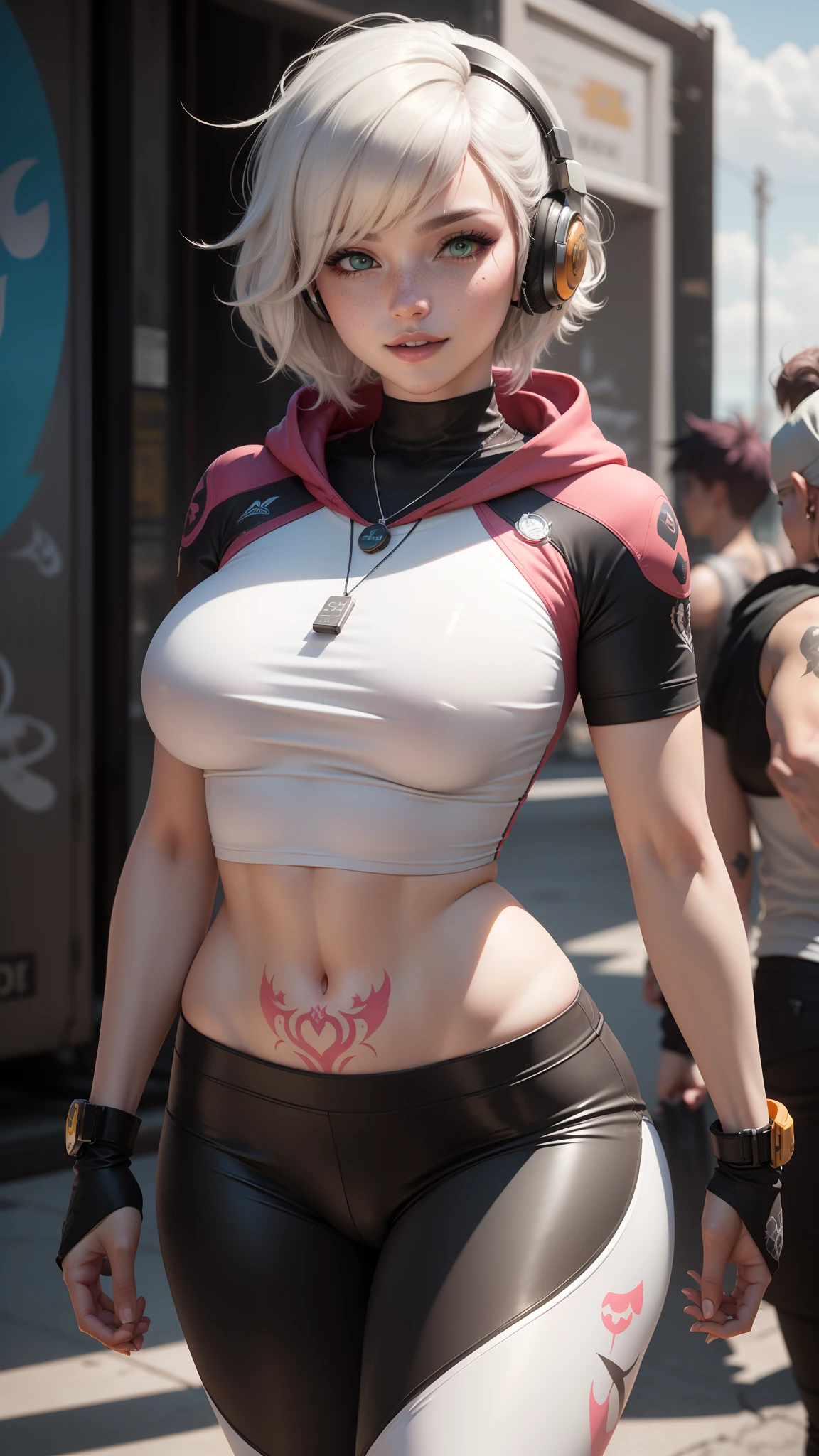 gwen tennyson,tracer,y'shtola rhul,yorha 2b,overwatch,nier automata,mecha pilot,kpop stage,tattoos,orange and pink plugsuit,white short sleeve lycra top,white cargo leggings,uncovered belly,short hair,punk makeup,green eyes,multicolored silver hair,sexy smile,freckles,beautiful girl,large breasts,8k,ultra detailed,realistic,fantasy art,kpop idol,ear piercings,kpop uniform,saiyan girl,short sleeve kpop hoodie,graffiti wall art,walking,dog tag necklace,show stage,kpop headphones,