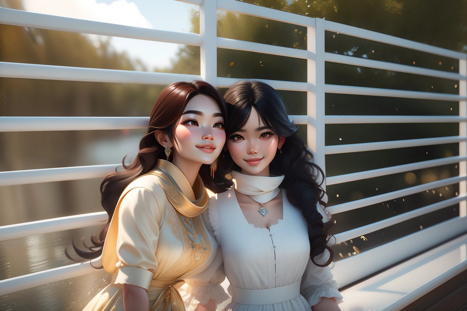 masterpiece, best quality, 3d rendering work, 3DMM style, close-up, portrait, 3D, two young Asian women, beautiful skin, brown eyes, medium wavy black hair, sweet smile, 80 kg overweight, gradient background. Colors Candy color, cute