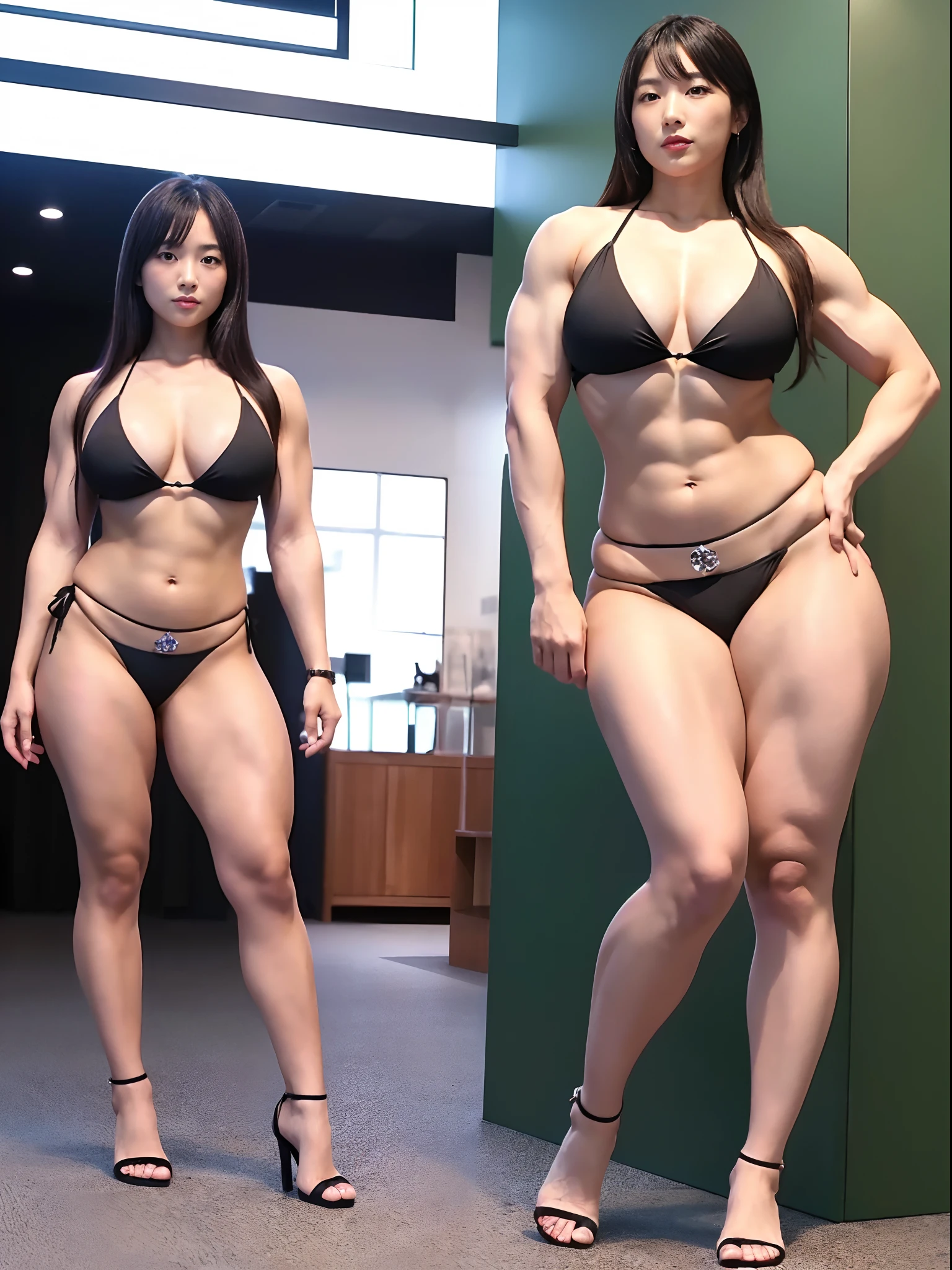 (Best Quality,8K,nffsw:1.2),(Full body shot),女の子1人、(tall:1.2 ,thick long legs,:1.4),(cute Japanese girls)、(Crystal clear fair skin:1.4),Wide buttock:1.6,((Muscular thighs like a bodybuilder:1.8、thick thighs:1.86,The thinnest waist:1.4)),Niō Standing,Stand with your legs open,Black Bikini:1.4