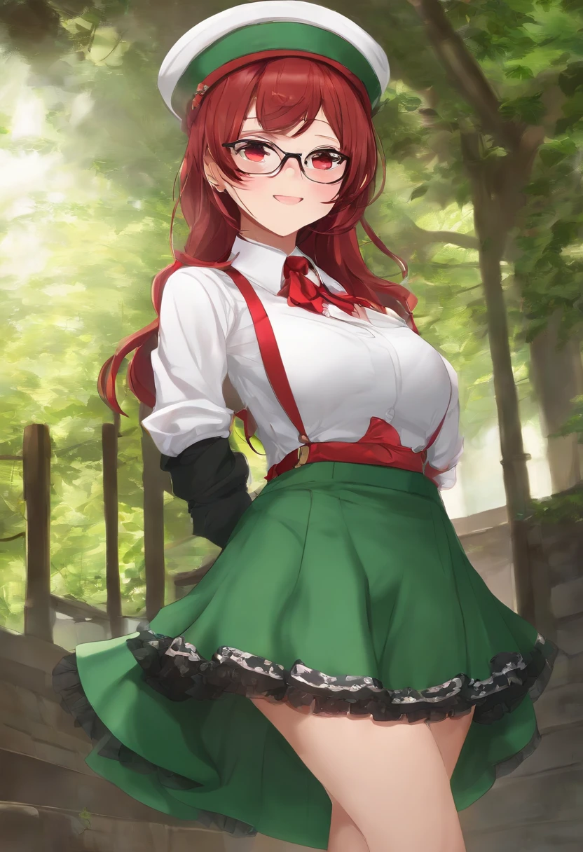 ((masutepiece, Best Quality)), Aston Machan (Umamusume),, Smile, Large breasts, Upper body, , Long sleeves, White shirt, frilld, Green skirt, button, black thighhighs, suspender, , bespectacled, Red-framed eyewear, Red Hat Crown, , Crazy eyes, radiant eyes, ,