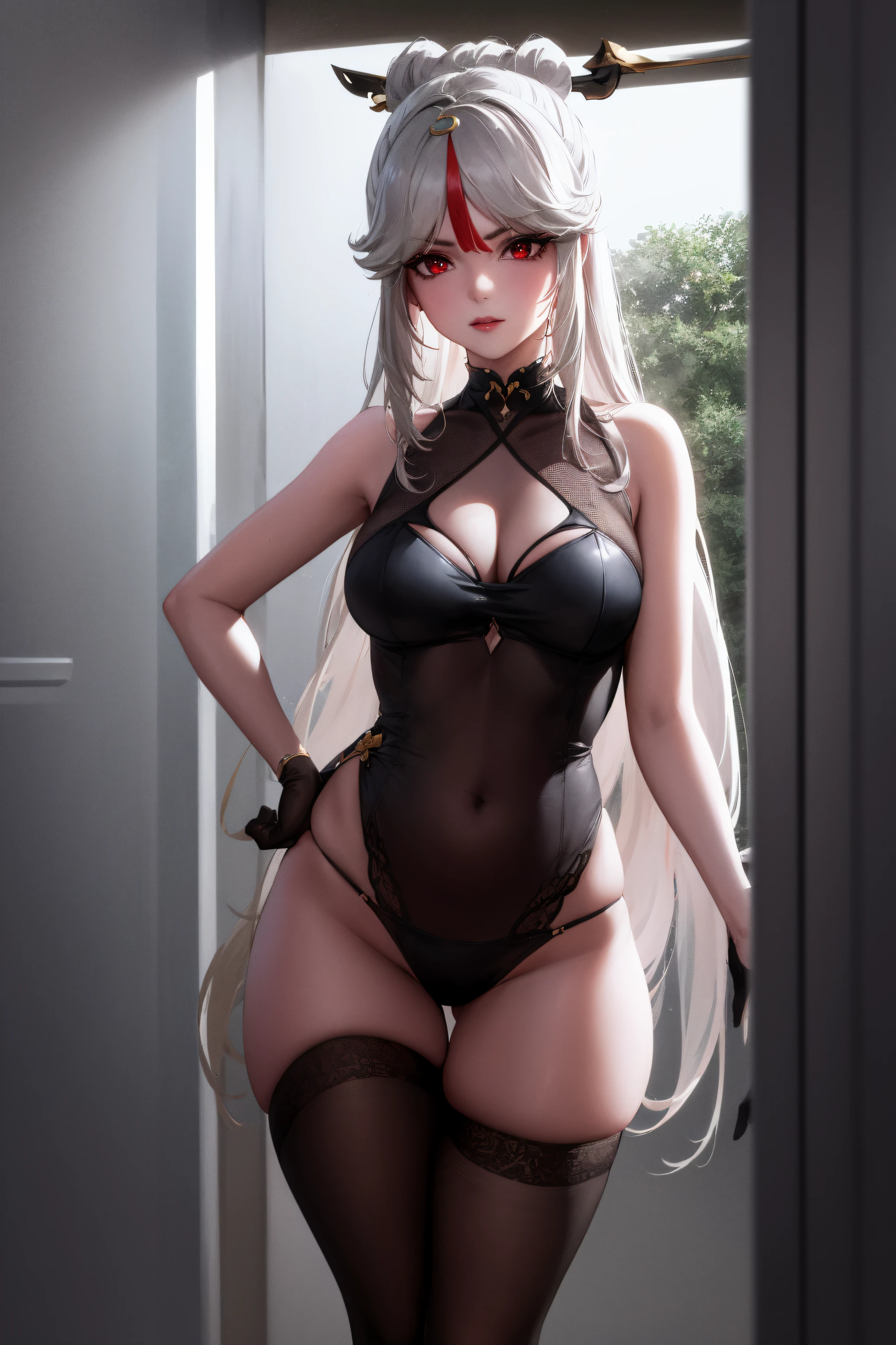 1women,milf,ningguang, ningguang, grey hair, hair ornament, hairpin, long hair, parted bangs, (red eyes:1.5), sidelocks, streaked hair, red hair,medium breast,
BREAK wearing tassel, blue panties, single glove, single pantsleg,
BREAK looking at viewer, full body, (cowboy shot:1.5),(left hand and right hand on hip), (angry), pov, 
BREAK indoors,
BREAK (masterpiece:1.2), best quality, high resolution, unity 8k wallpaper,NSFW ,(illustration:0.8), (beautiful detailed eyes:1.6), extremely detailed face, perfect lighting, extremely detailed CG, (perfect hands, perfect anatomy),