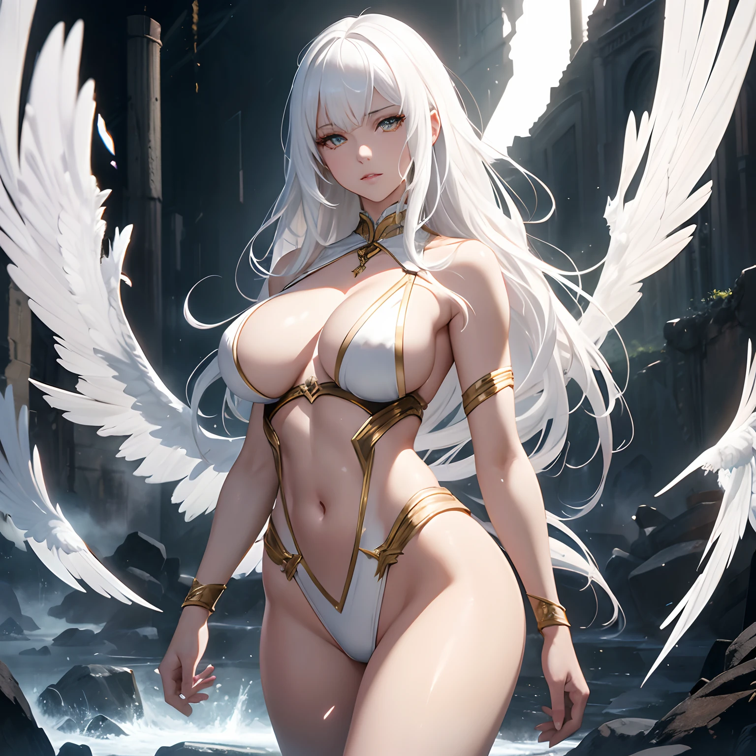 finest image, (8k, RAW photo, realistic), detailed and delicate depiction and flashy and dynamic painting method, beautiful white wolf woman, iridescent white hair, gold sharp eyes, amorous expression, lewd expression, huge breasts, abs, great proportion, anime female warrior costume, background ruins, white haze, professional lighting