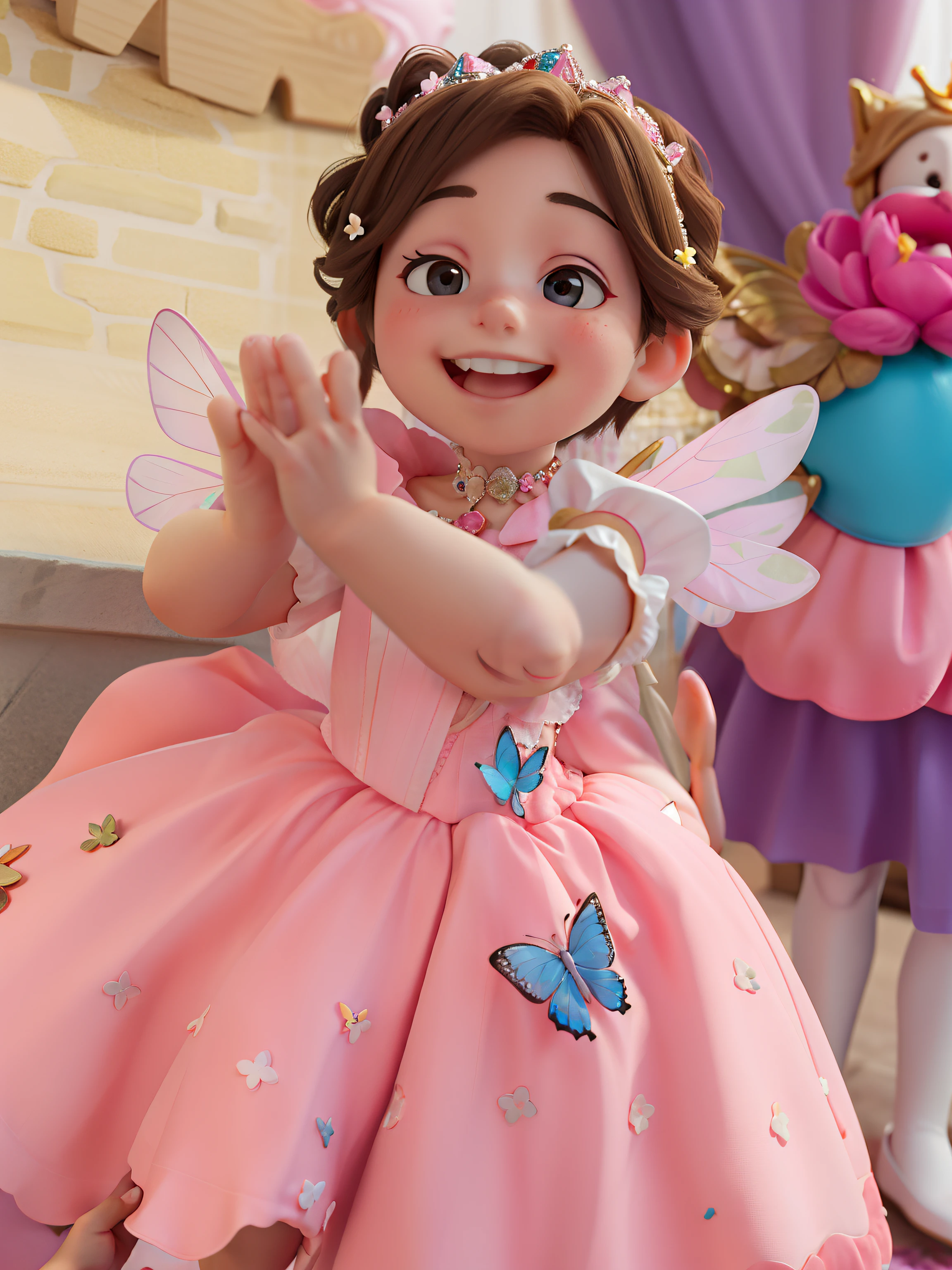 A smiling princess pink dress girl clapping her hands on her birthday, flowers in butterfly hair on dress