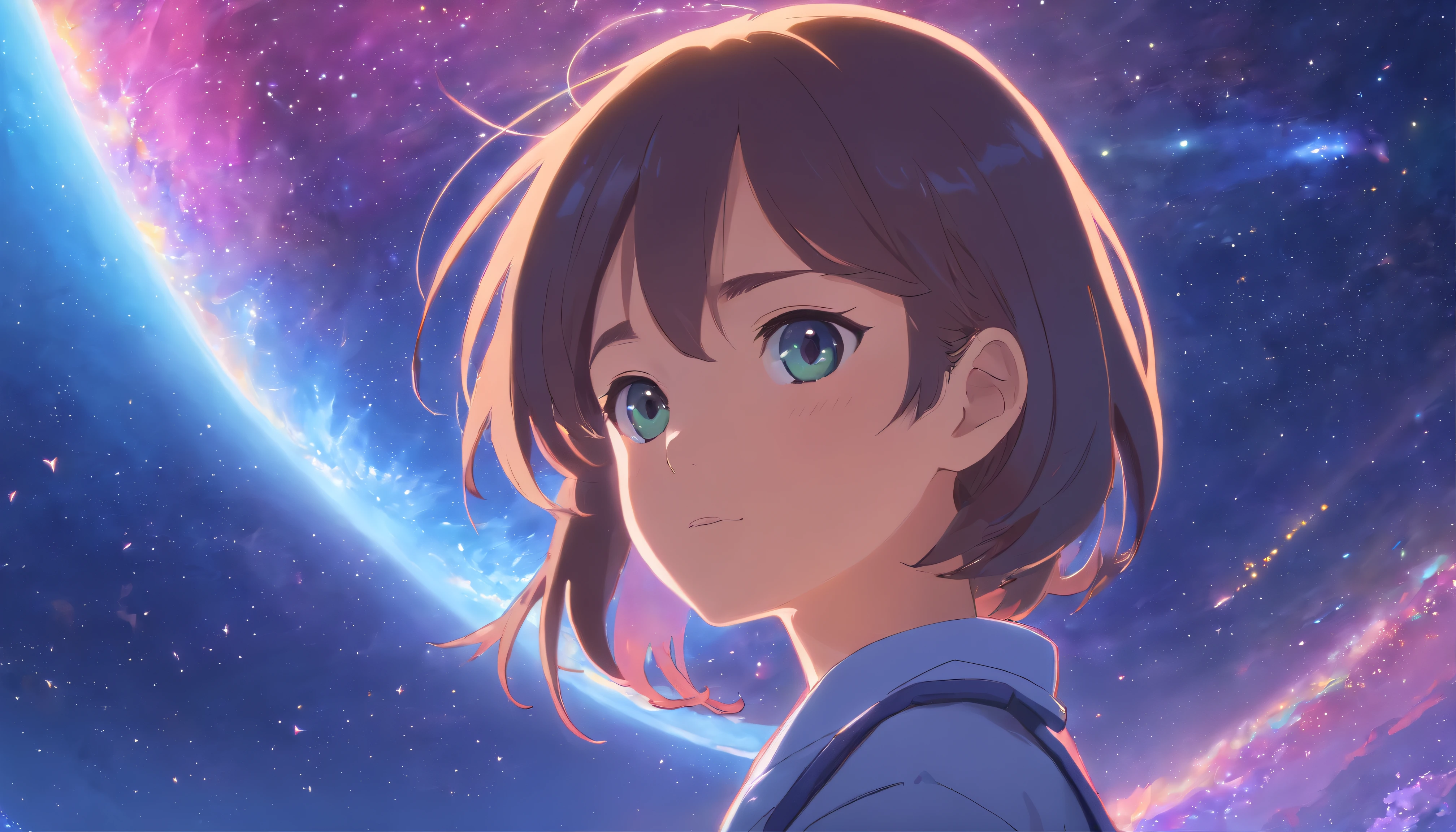 Anime Girl in space with text stop overthiking, dreamy psychedelic anime, esmagador, Elogio Artstyle, aesthetic award winning anime, Arte no estilo de Guweiz, arte em alta de anime, Transbordando, portrait anime space cadet girl, anime asthetic, anime inspiration, Arrogante, pixiv trending, anime aesthetic, ( ( Makoto Shinkai ) )