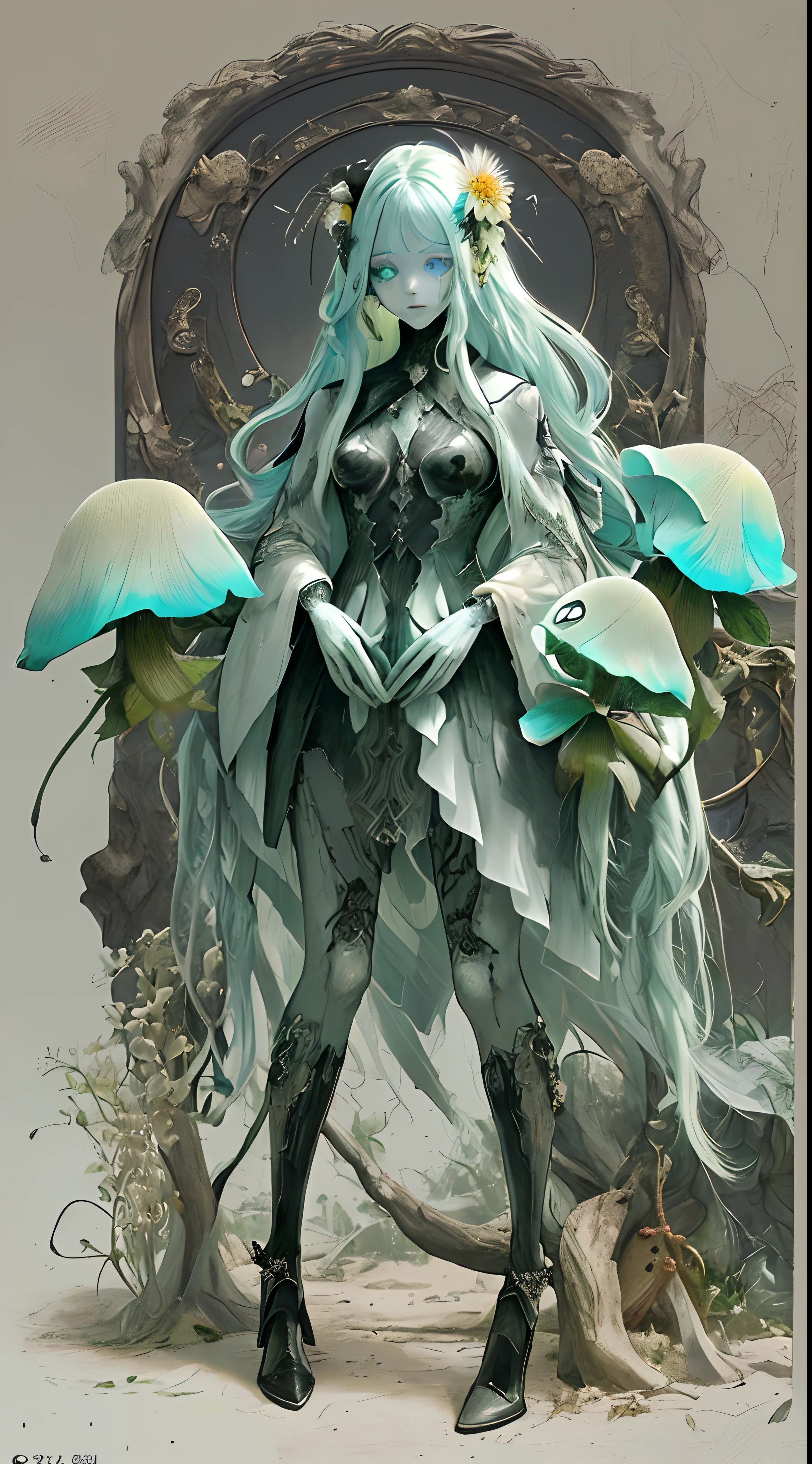 masterpiece, Highest quality, Super detailed, figure,(One girl),Beautifully detailed head,White color, objet head,Plant roots style body,Mandragora,Plant leaves Only head,NSFW,high head and body,Full body painting,Full Art,female robot,1girl,Creatures,Big Breasts,no head,pussy line,blade arm,naked,Realistic anime,spooky