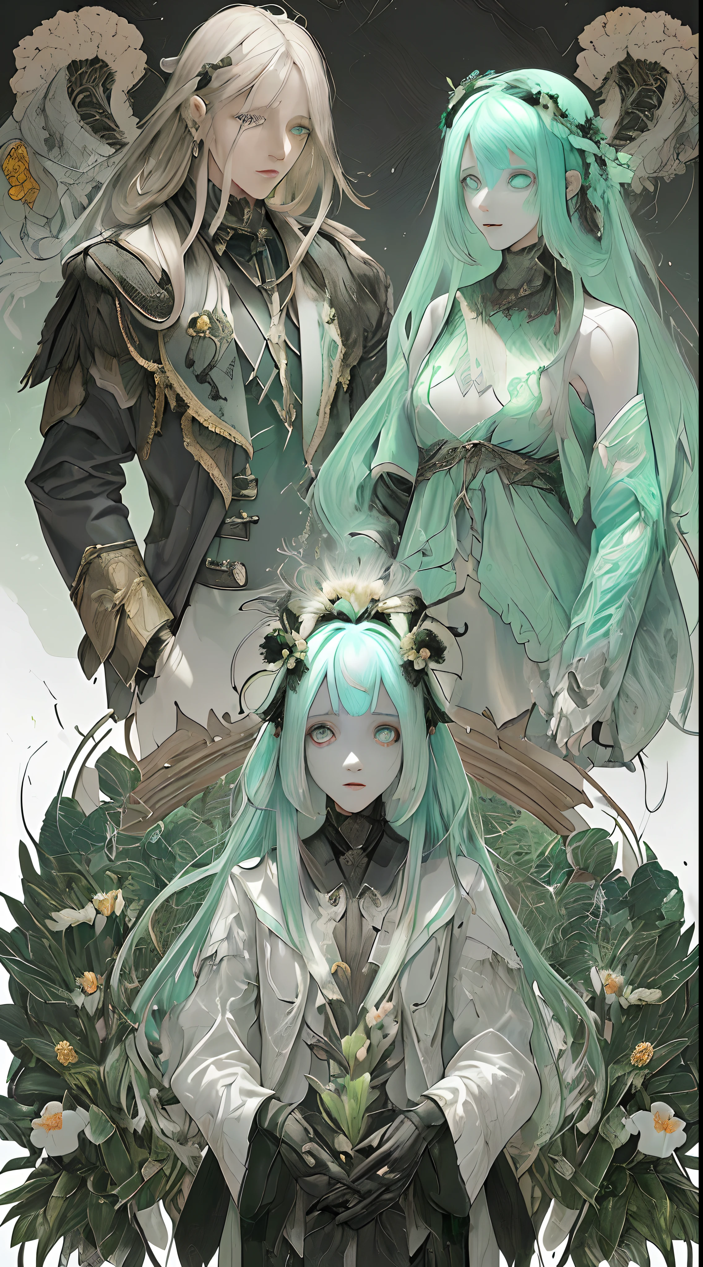 Anthesi are beings that resemble humanoids with plant or fungus-like characteristics, such as green or brown-tinted skin, vine like hair, and leaves, flowers, buds, or mushrooms growing across their bodies. Beneath the skin of an Anthesi head is the skull of a long dead humanoid being, from which they inherit small amounts of memories and knowledge from the owners previous life, as well as their general facial features. Though they continue to grow throughout most of their lives, their heads remain almost the same size throughout their lives, leaving the exceptionally young or old Anthesi with strangeproportions. Their eyes contain large, black pupils and irises surrounded by pastel colored sclera, and older Anthesi display bioluminescent patterns of similar colors along their bodies.