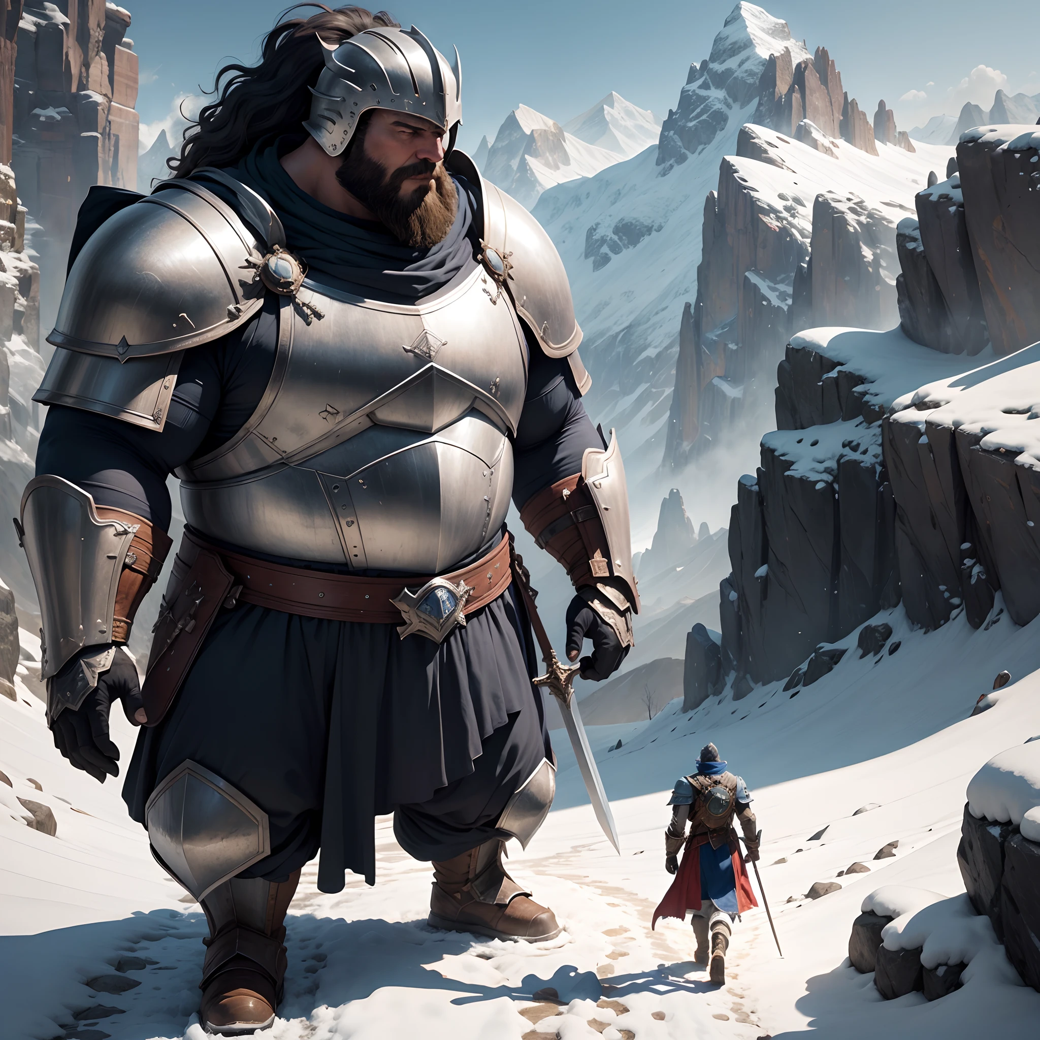 Alpine background,(A huge man:1.3),Dressed in armor,Holding a shield and a greatsword,Walk in the middle of the canyon,tmasterpiece,the highest picture quality,8K